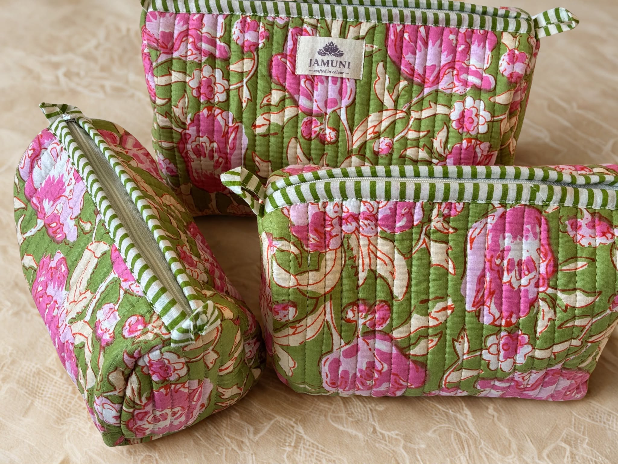 Garden Bloom Quilted Cotton Pouch Set (Set of 3)