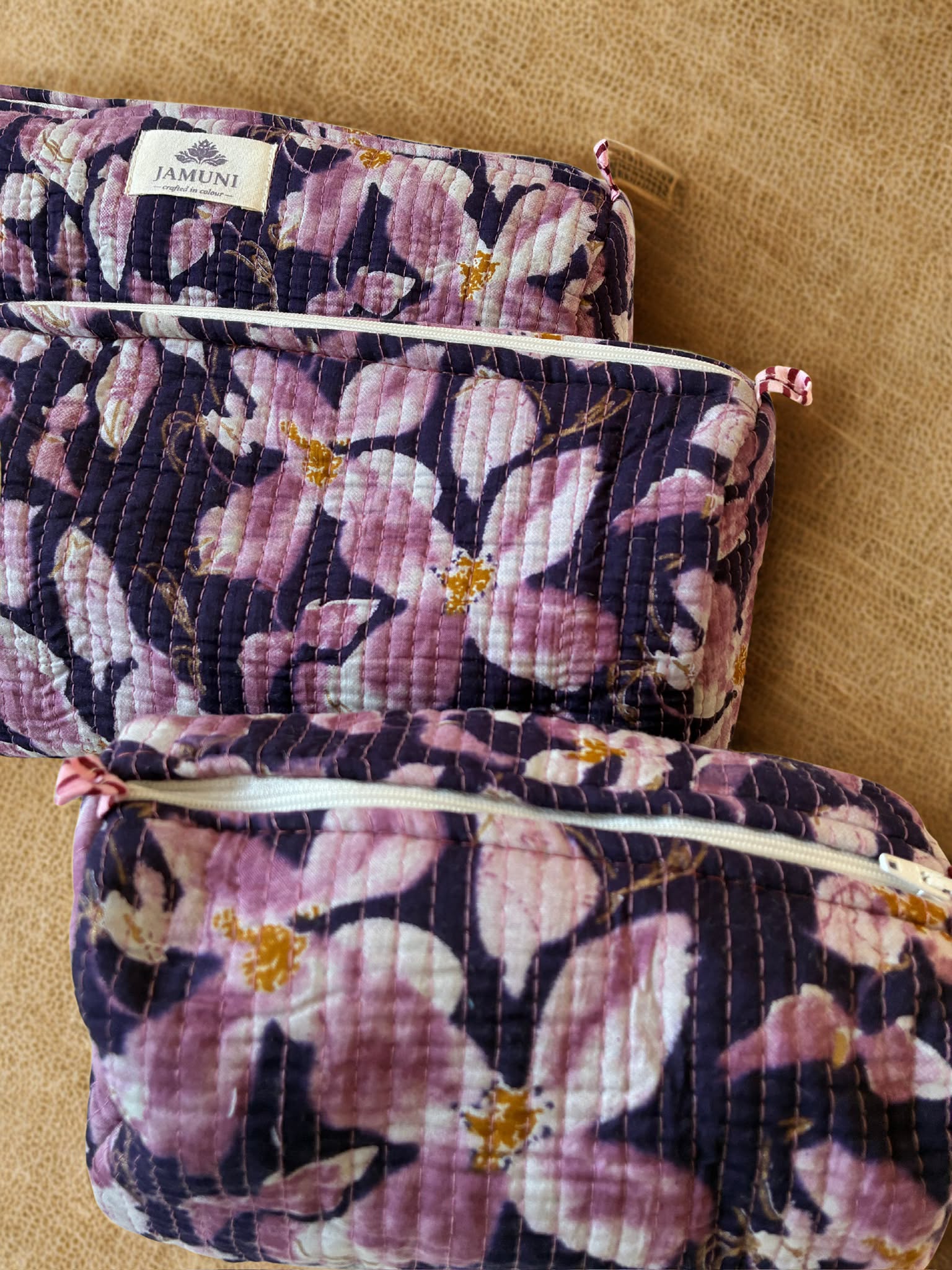 Lavender Blossom Quilted Cotton Pouch Set (Set of 3)