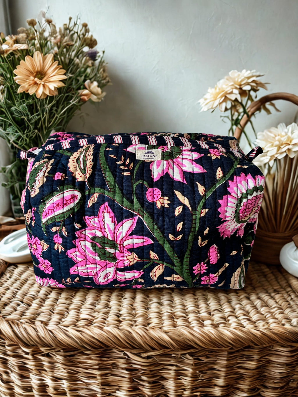 Midnight Bloom Quilted Cotton Pouch Set (Set of 3)