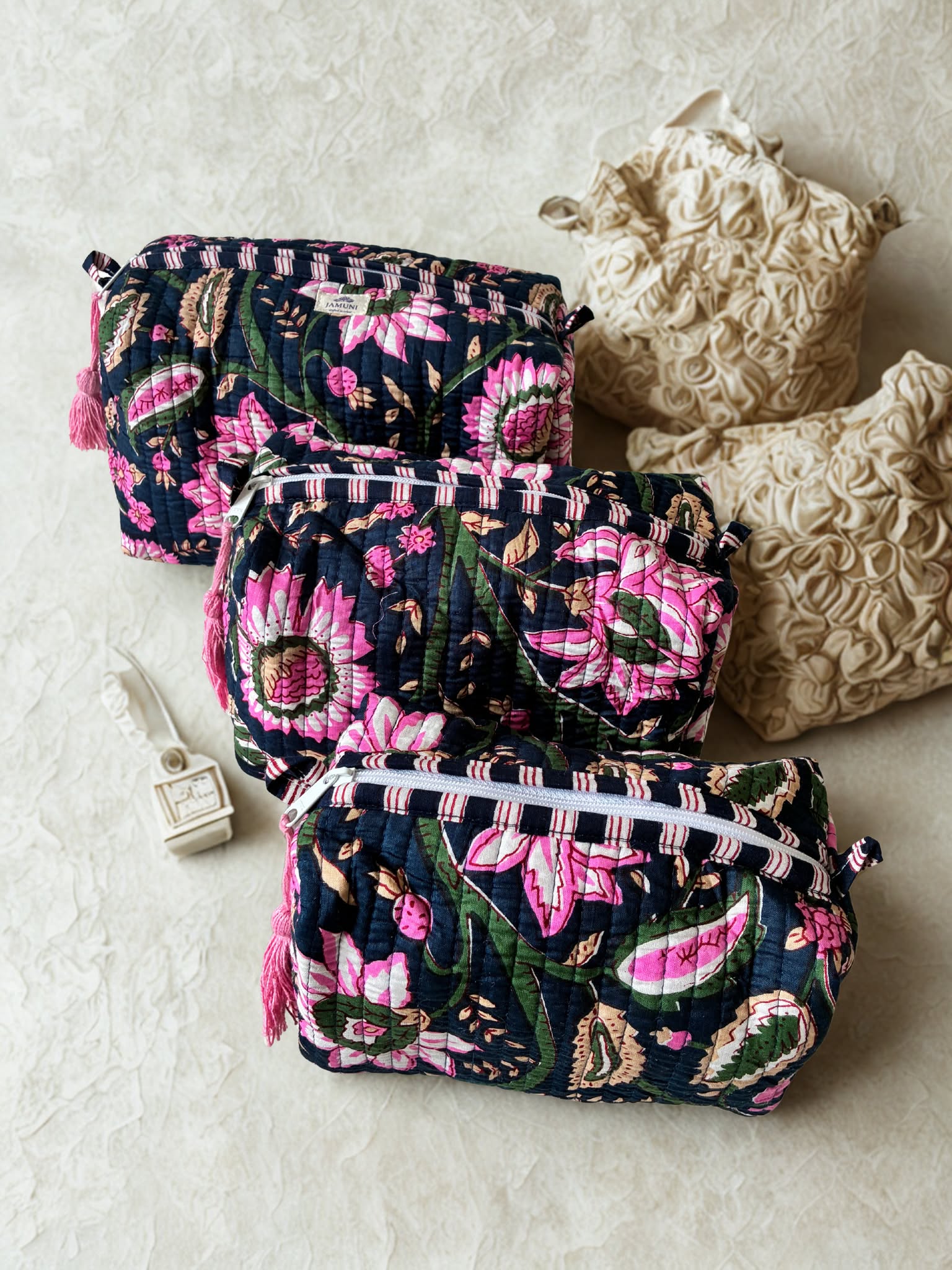 Midnight Bloom Quilted Cotton Pouch Set (Set of 3)