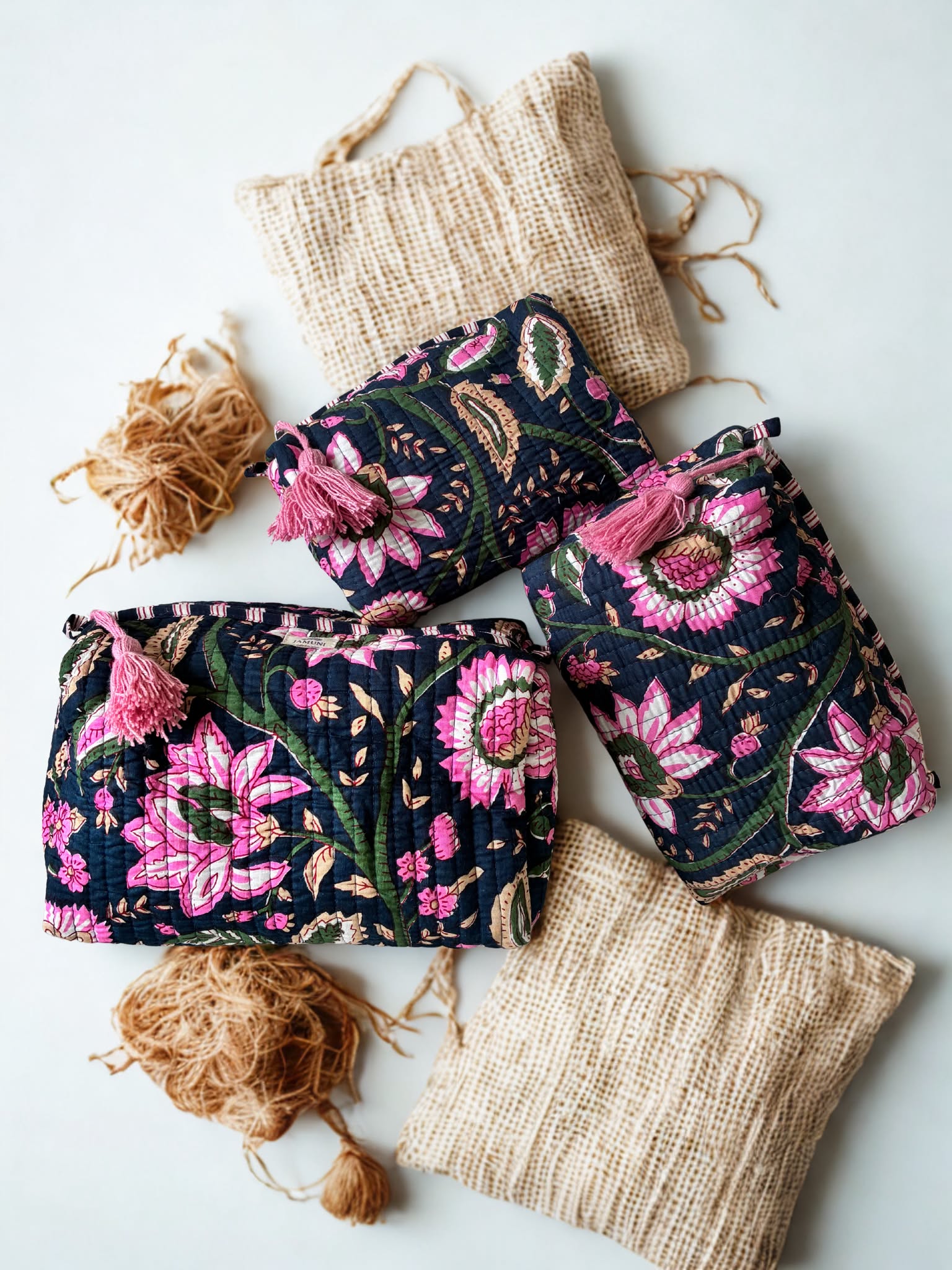Midnight Bloom Quilted Cotton Pouch Set (Set of 3)