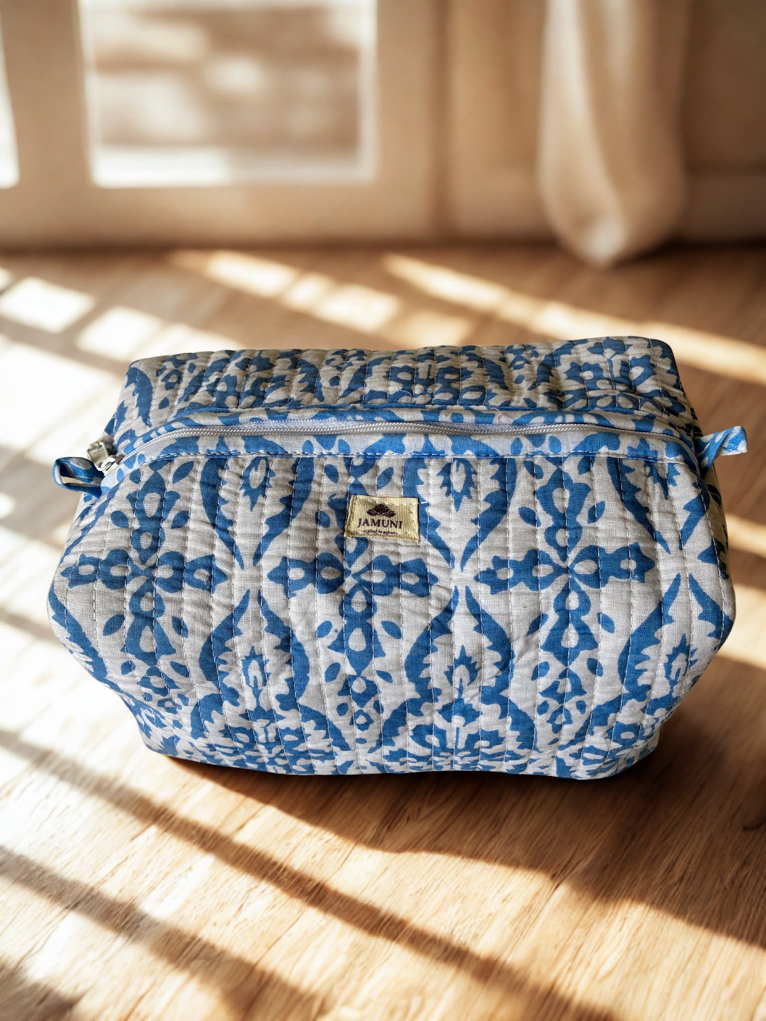 Indigo Blossom Quilted Cotton Cosmetic Bag