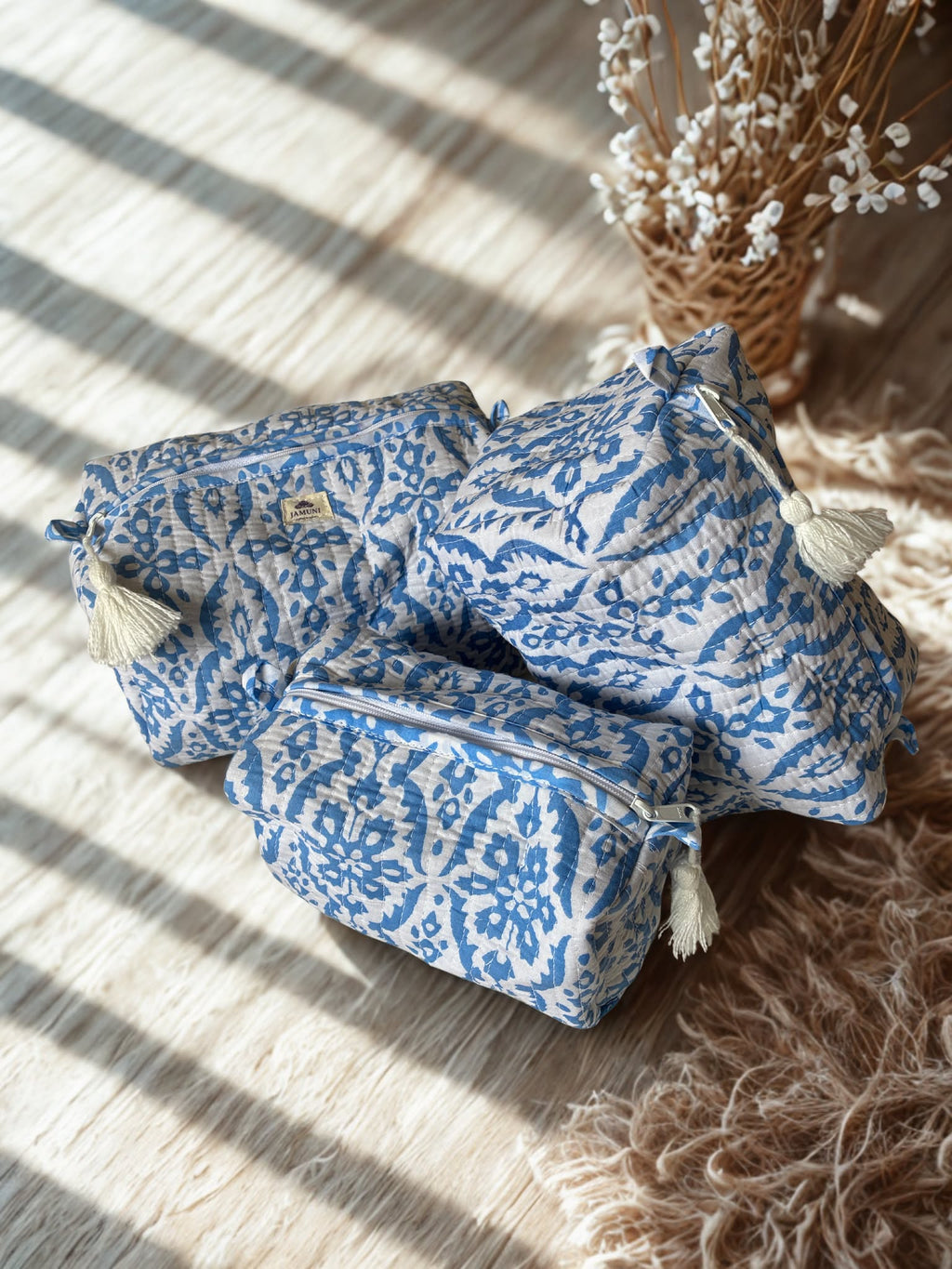 Indigo Blossom Quilted Cotton Cosmetic Bag