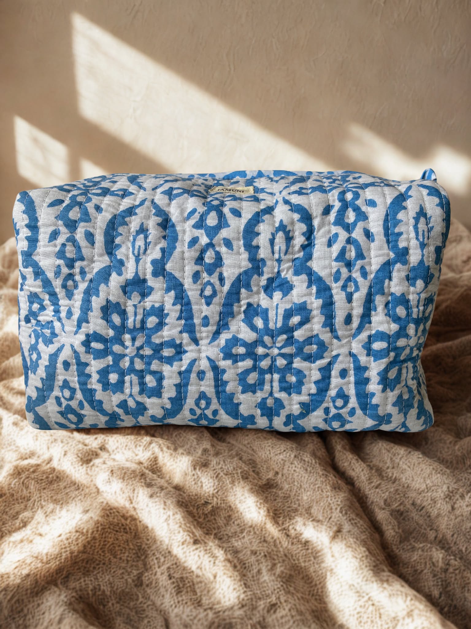 Indigo Blossom Quilted Cotton Cosmetic Bag