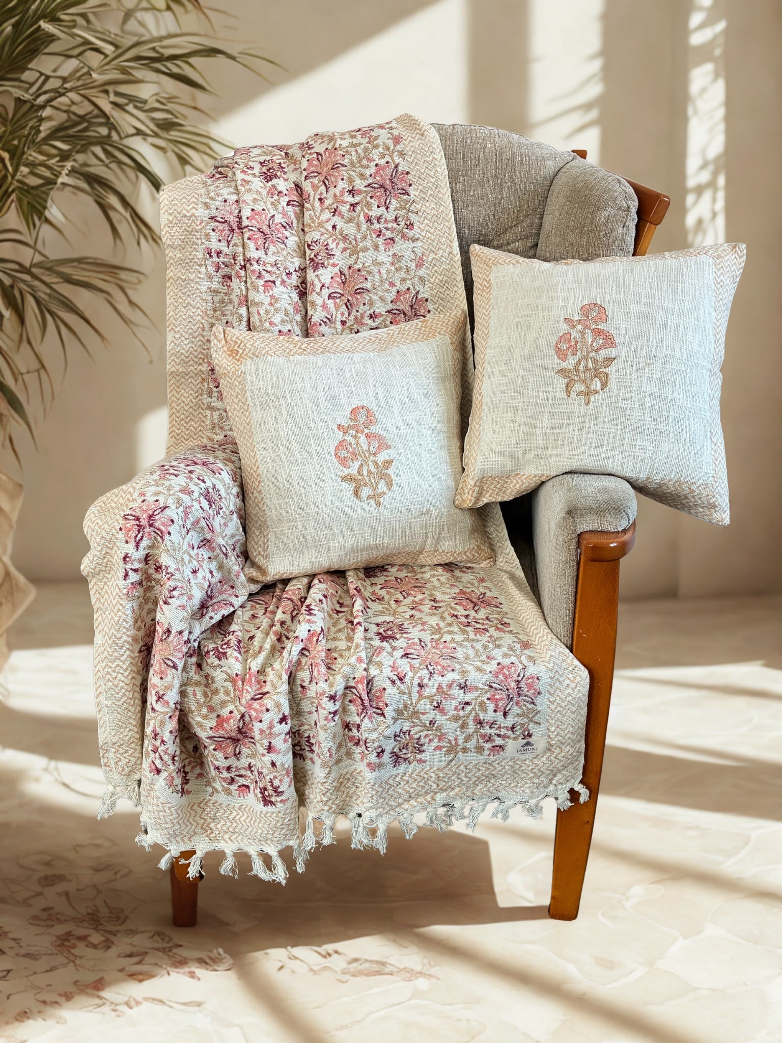 Bloom Collection - Handcrafted Textured Cotton Throw & Cushion Cover Set
