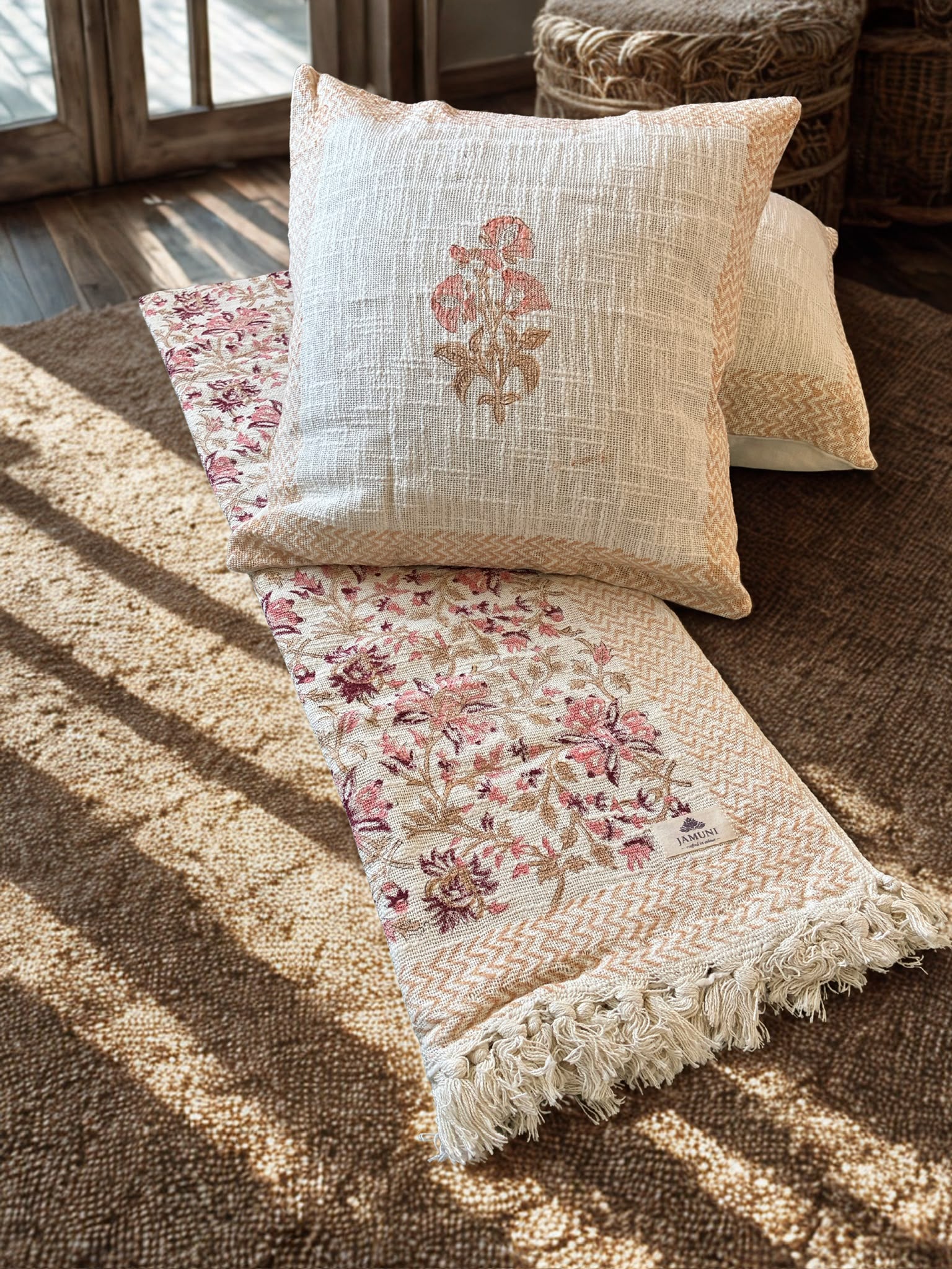 Bloom Collection - Handcrafted Textured Cotton Throw & Cushion Cover Set