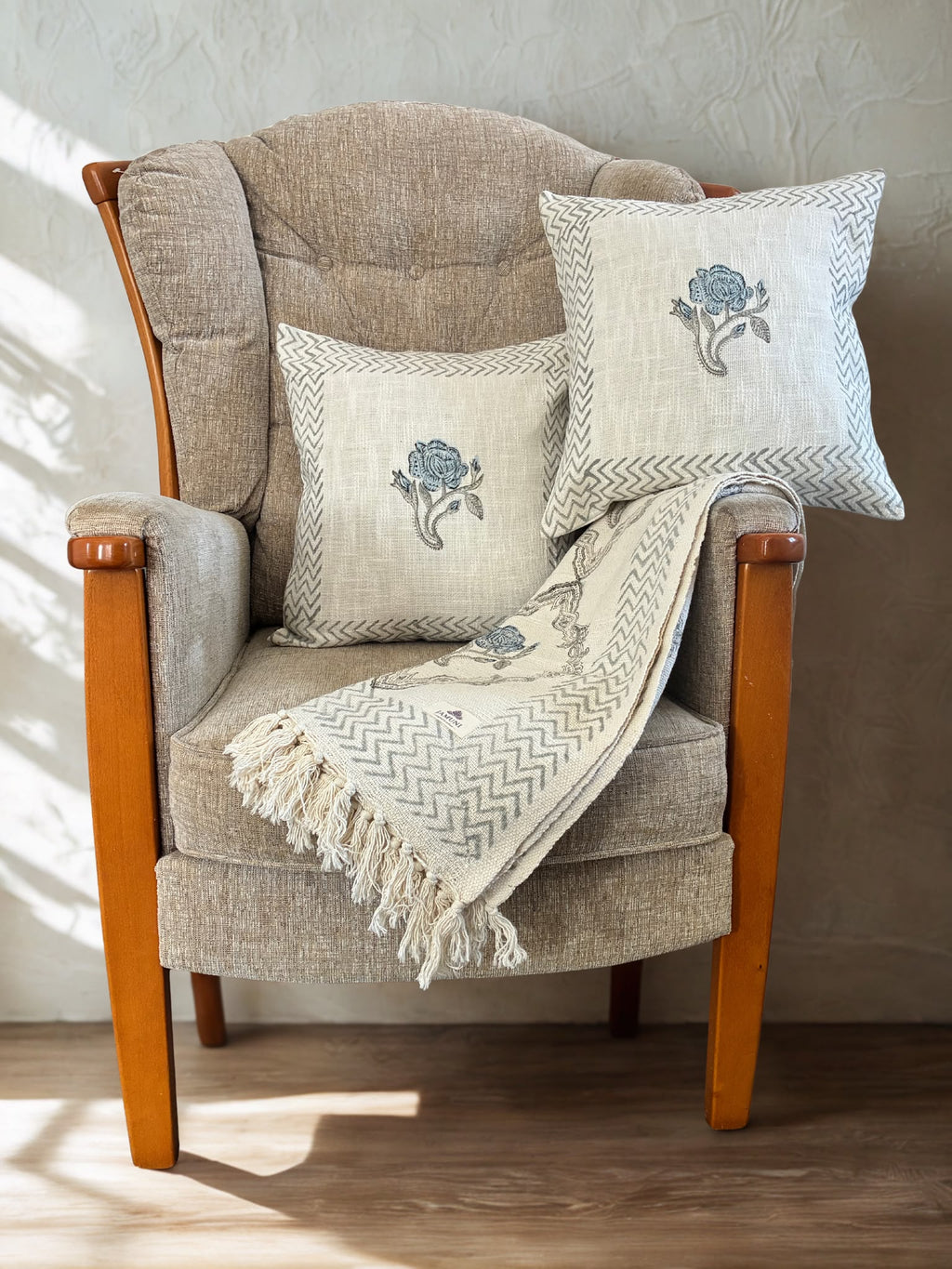 Blue & Grey Floral - Handcrafted Textured Cotton Throw & Cushion Cover Set