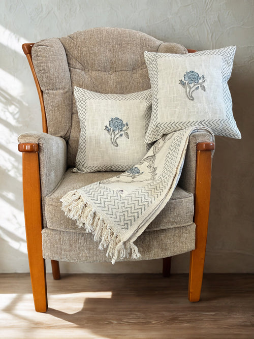 Blue & Grey Floral - Handcrafted Textured Cotton Throw & Cushion Cover Set