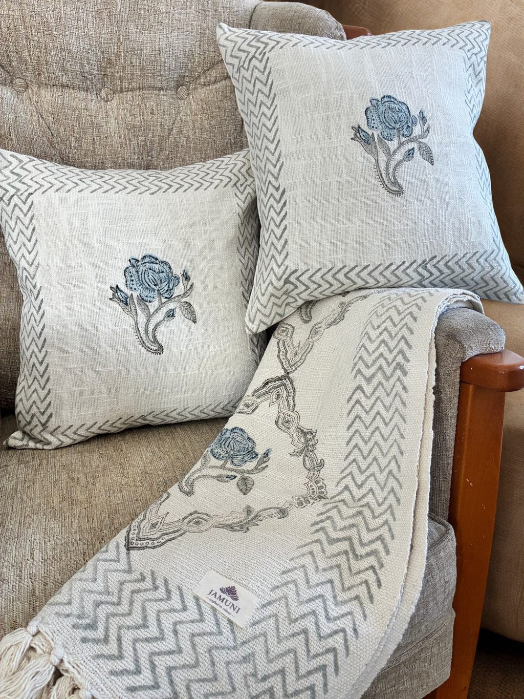 Blue & Grey Floral - Handcrafted Textured Cotton Throw & Cushion Cover Set