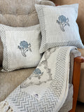 Blue & Grey Floral - Handcrafted Textured Cotton Throw & Cushion Cover Set