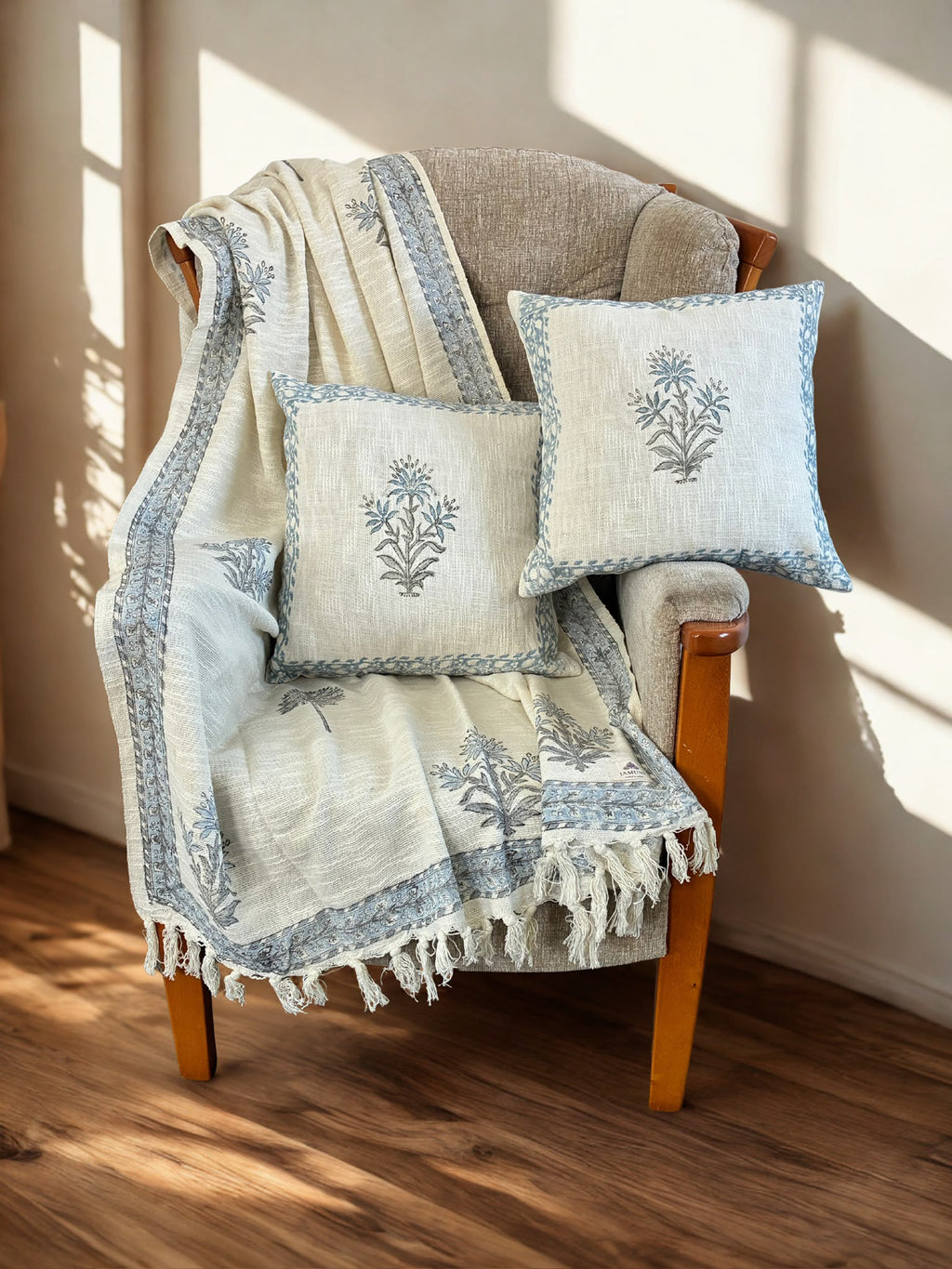 Blue Botanical Handcrafted Textured Cotton Throw & Cushion Cover Set