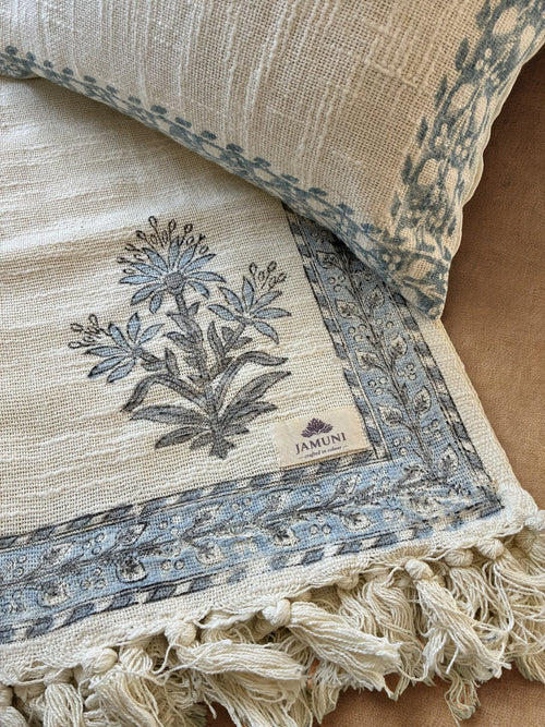 Blue Botanical Handcrafted Textured Cotton Throw & Cushion Cover Set