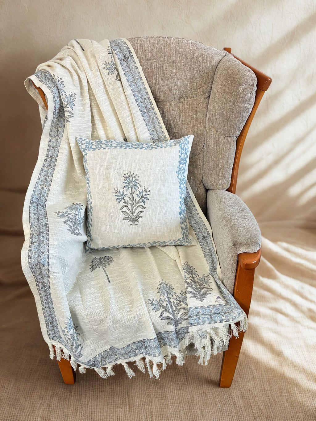 Blue Botanical Handcrafted Textured Cotton Throw & Cushion Cover Set