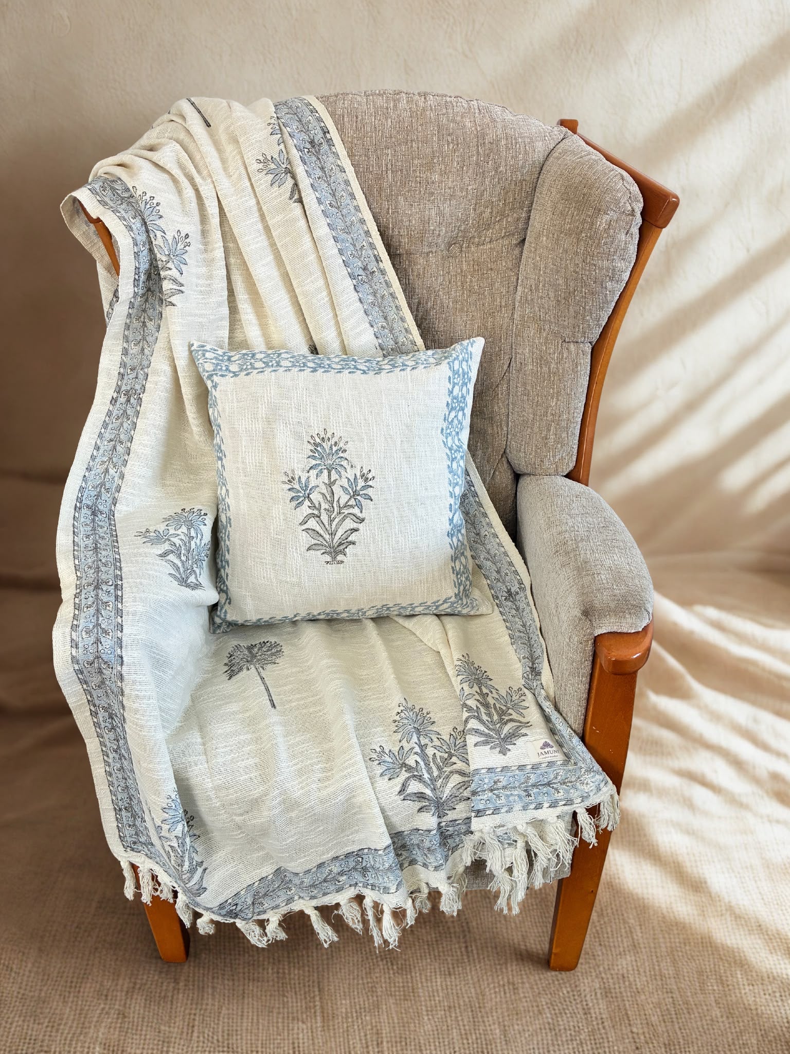 Blue Botanical Handcrafted Textured Cotton Throw & Cushion Cover Set