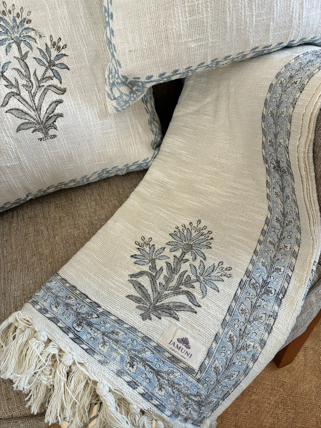 Blue Botanical Handcrafted Textured Cotton Throw & Cushion Cover Set