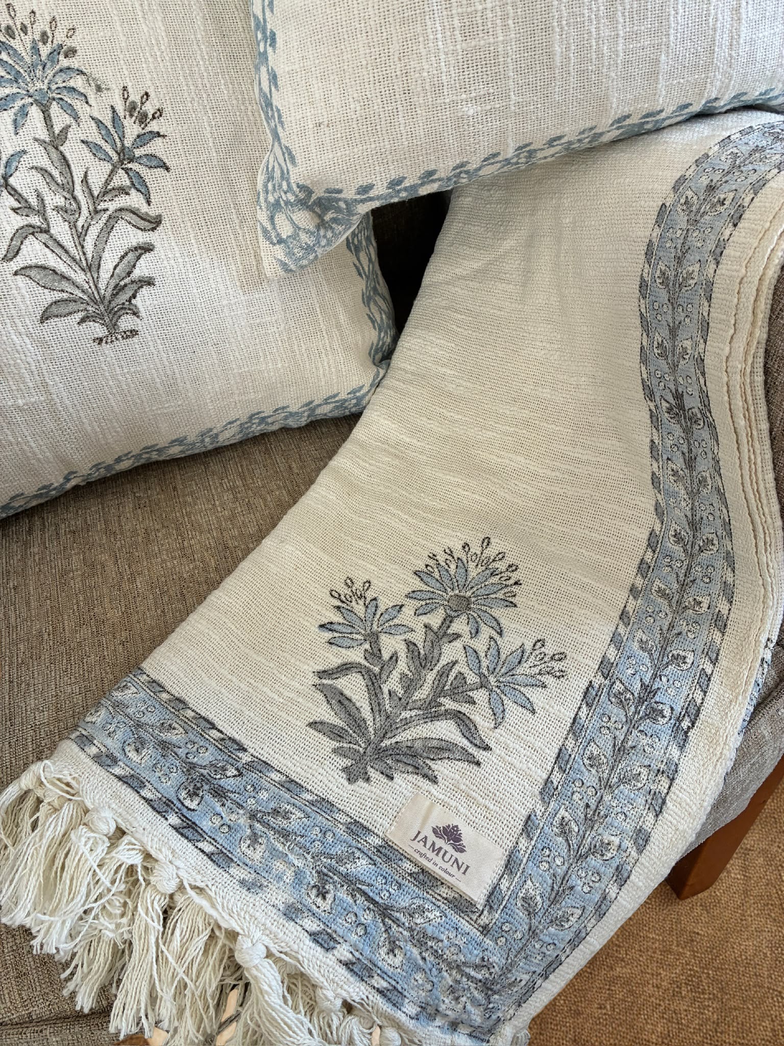 Blue Botanical Handcrafted Textured Cotton Throw & Cushion Cover Set