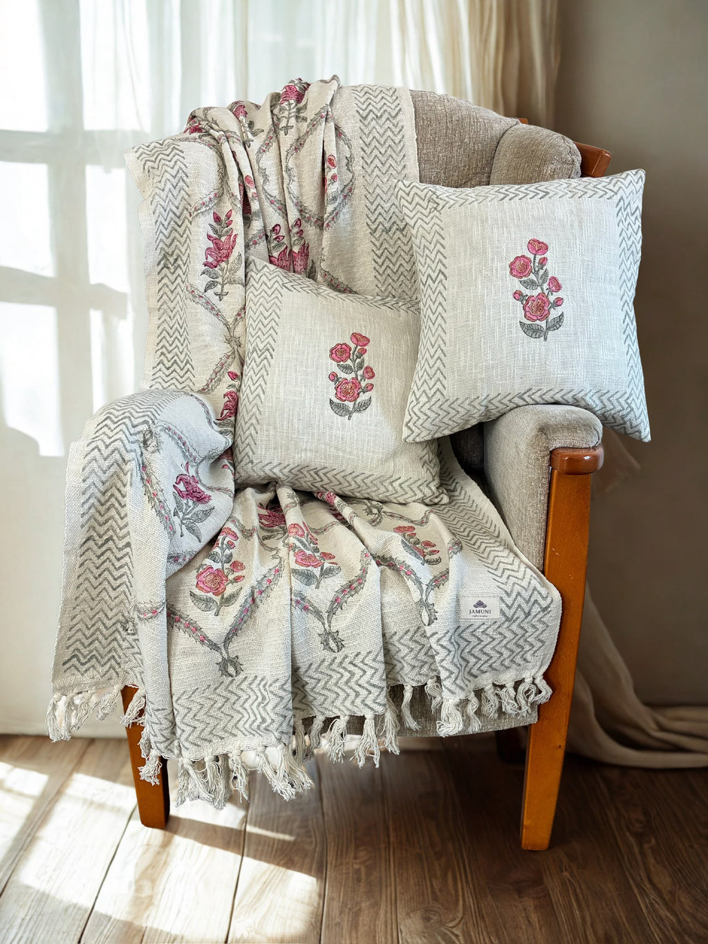 Delicate florals in earthy neutral shades - Handcrafted Textured Cotton Throw & Cushion Cover Set