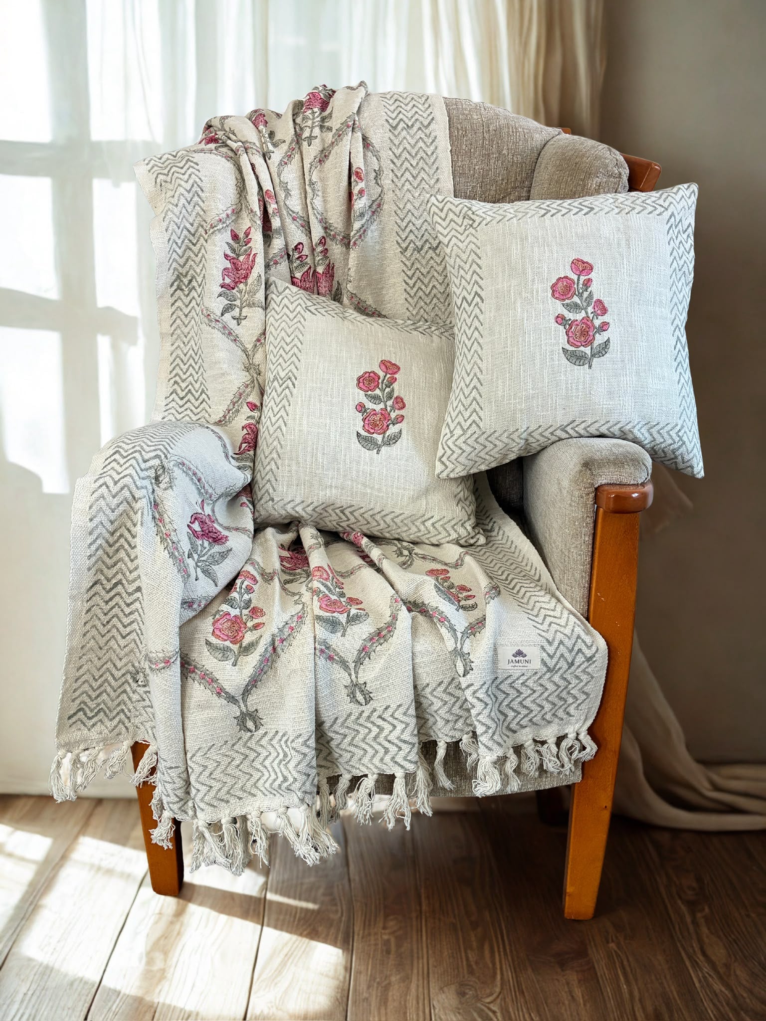 Delicate florals in earthy neutral shades - Handcrafted Textured Cotton Throw & Cushion Cover Set
