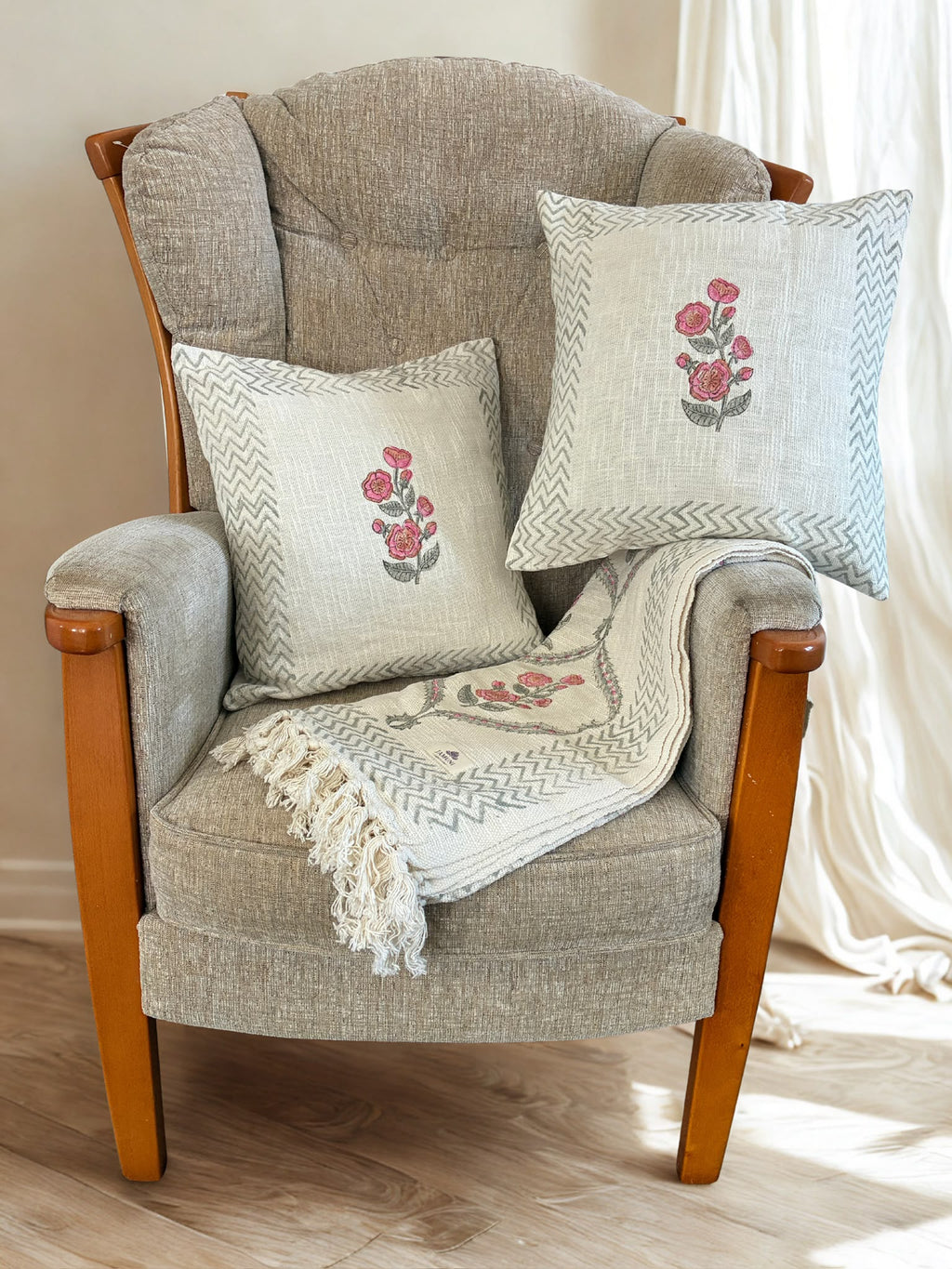 Delicate florals in earthy neutral shades - Handcrafted Textured Cotton Throw & Cushion Cover Set