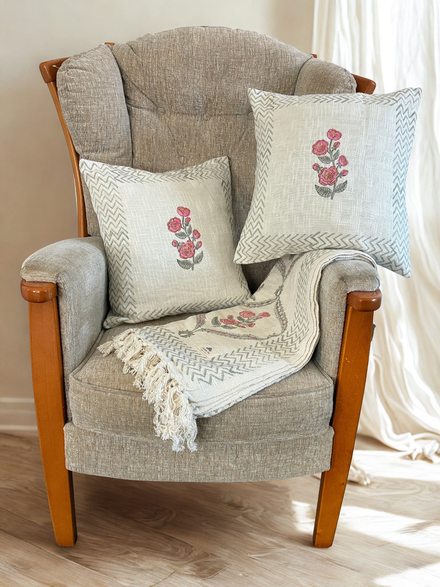 Delicate florals in earthy neutral shades - Handcrafted Textured Cotton Throw & Cushion Cover Set