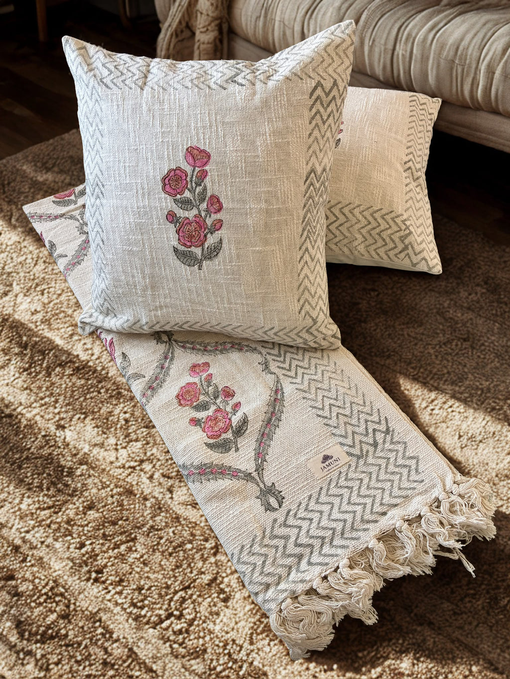 Delicate florals in earthy neutral shades - Handcrafted Textured Cotton Throw & Cushion Cover Set