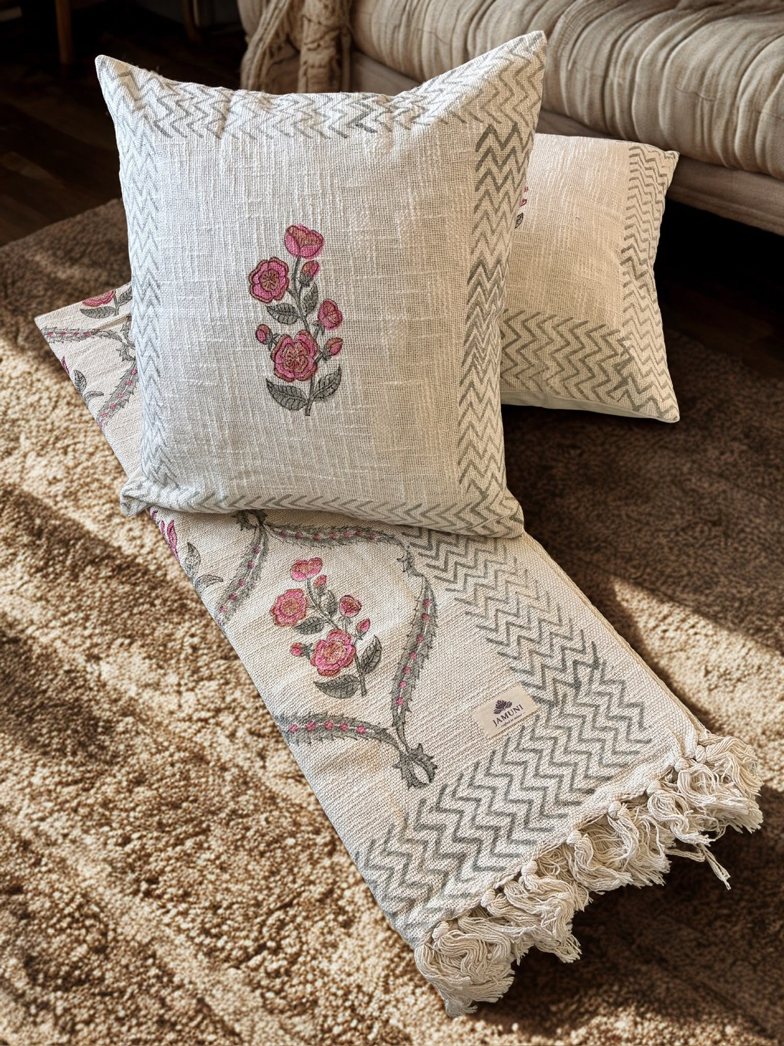 Delicate florals in earthy neutral shades - Handcrafted Textured Cotton Throw & Cushion Cover Set