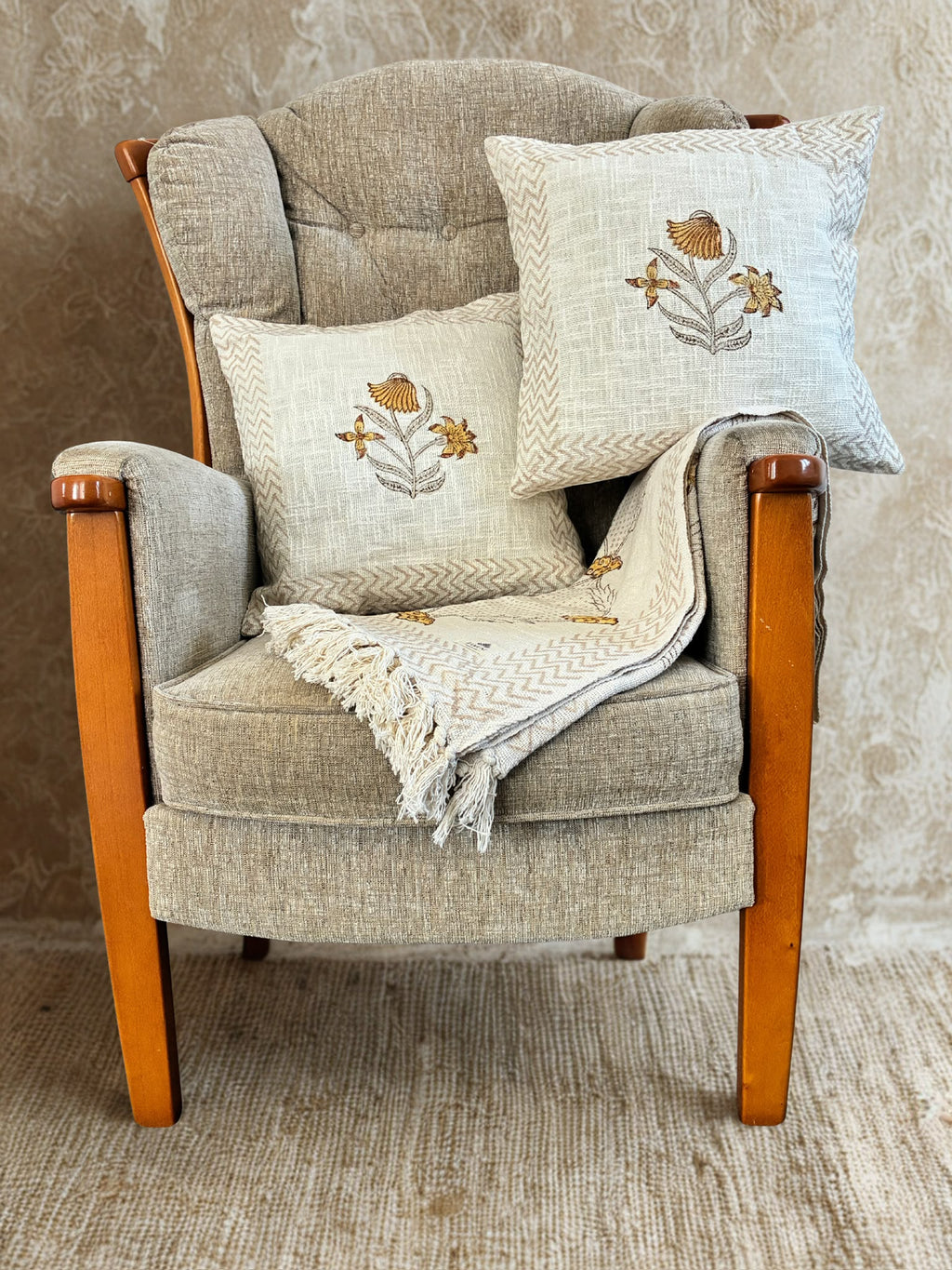 Warm mustard florals with soft neutral tones - Handcrafted Textured Cotton Throw & Cushion Cover Set