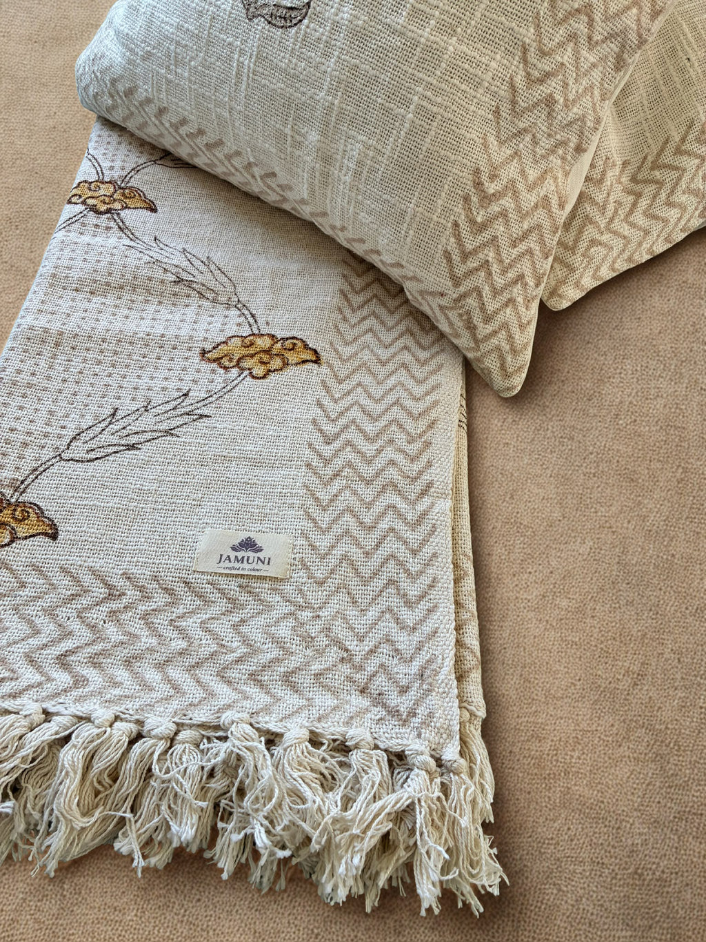 Warm mustard florals with soft neutral tones - Handcrafted Textured Cotton Throw & Cushion Cover Set