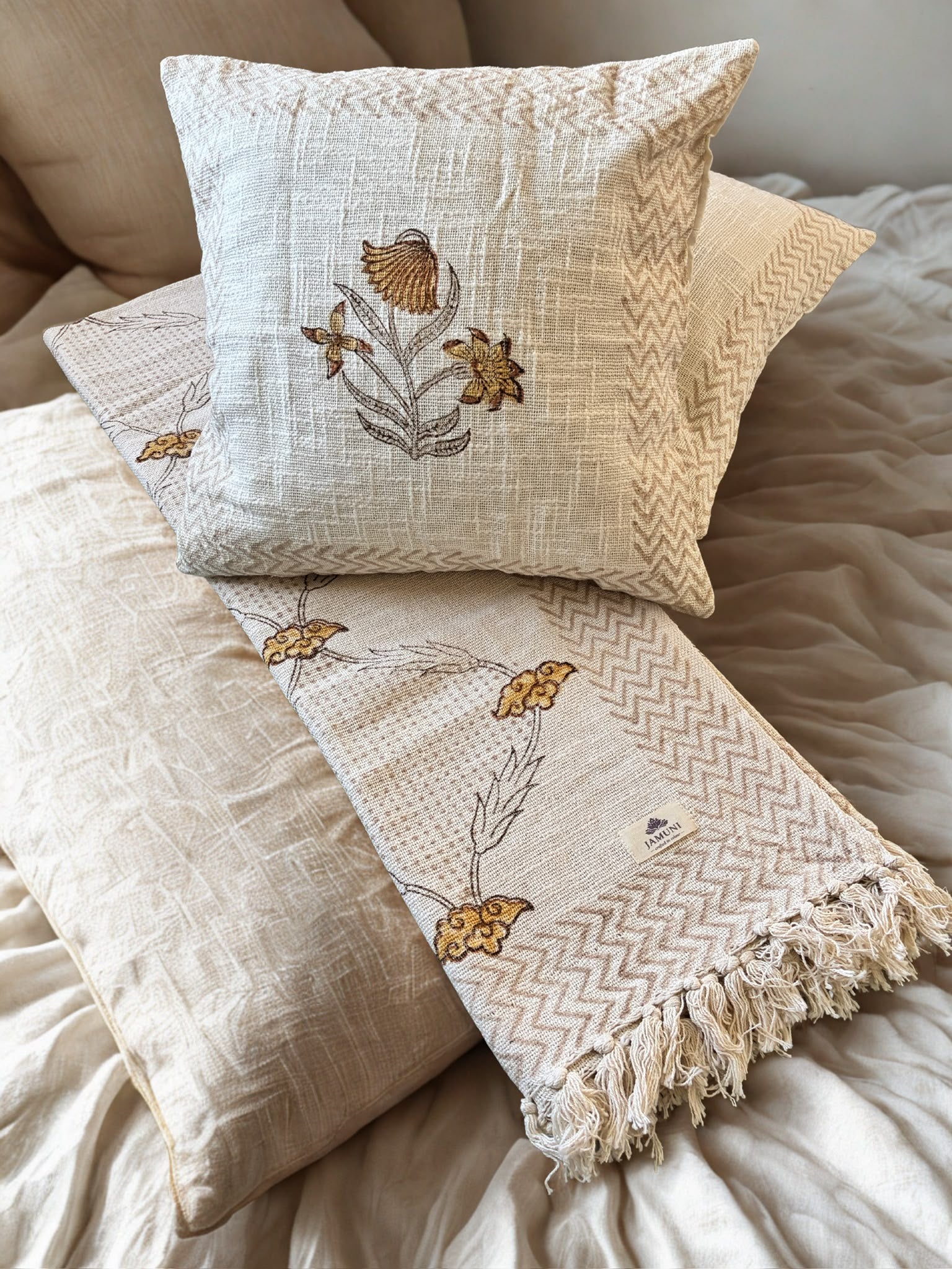 Warm mustard florals with soft neutral tones - Handcrafted Textured Cotton Throw & Cushion Cover Set