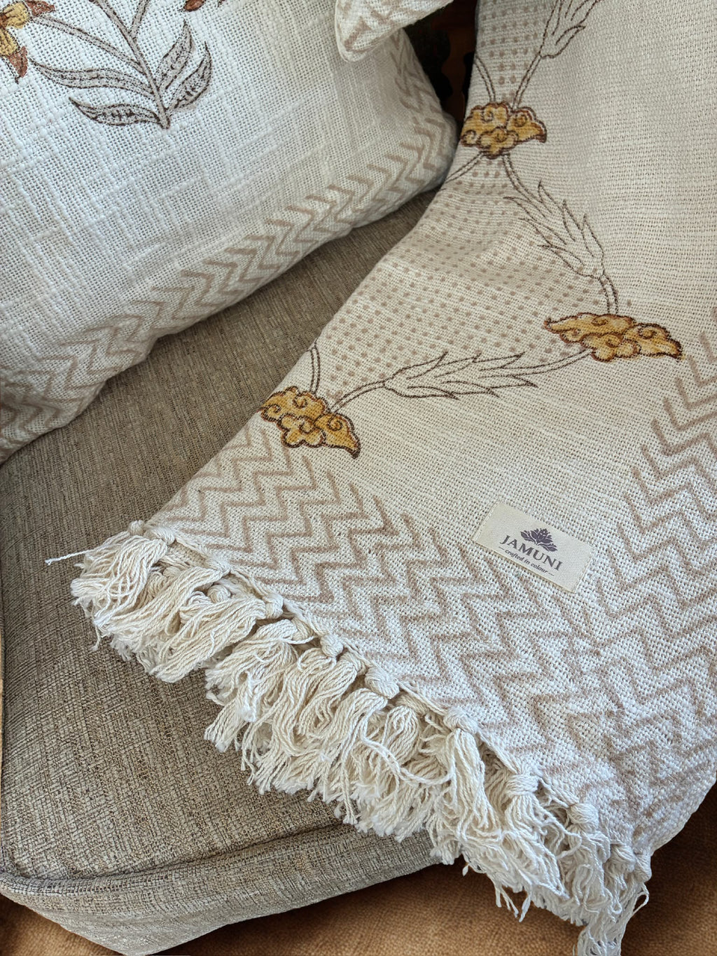 Warm mustard florals with soft neutral tones - Handcrafted Textured Cotton Throw & Cushion Cover Set