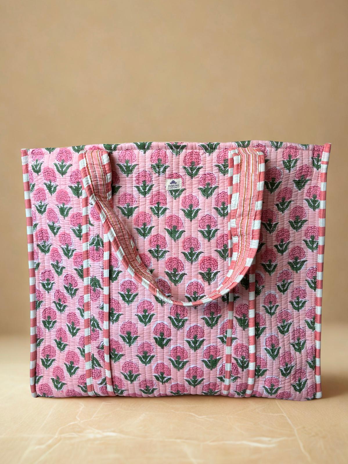 Blush Blossom Quilted Cotton Zipper Tote Bag