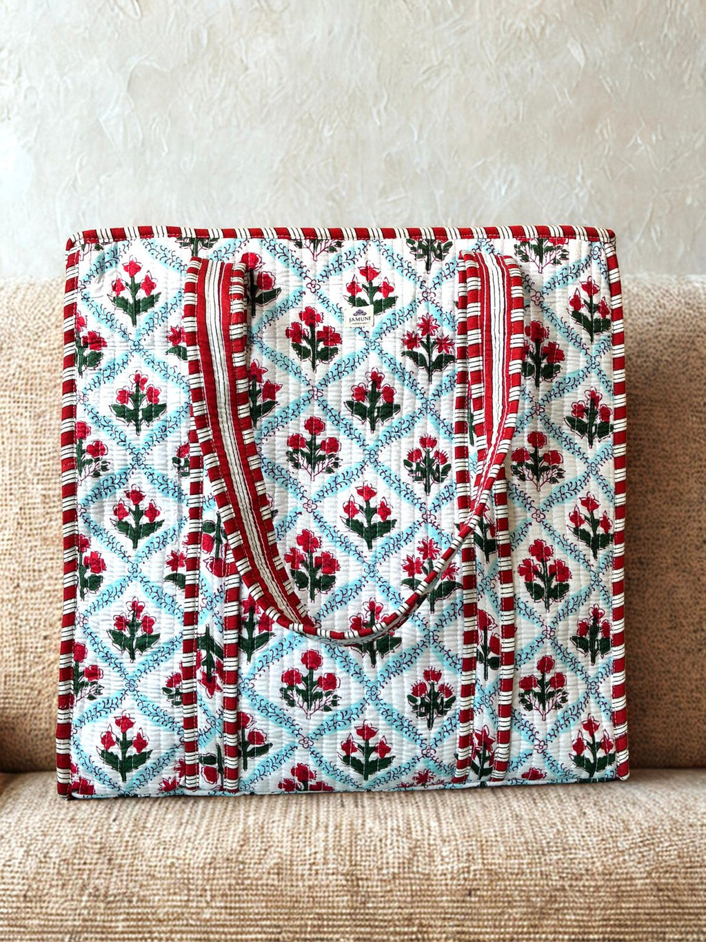Scarlet Bloom Quilted Cotton Zipper Tote Bag