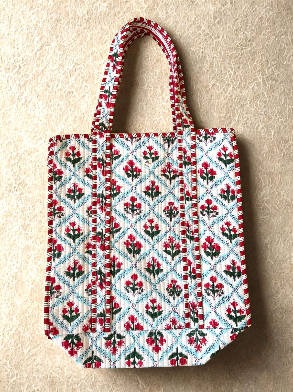 Scarlet Bloom Quilted Cotton Zipper Tote Bag