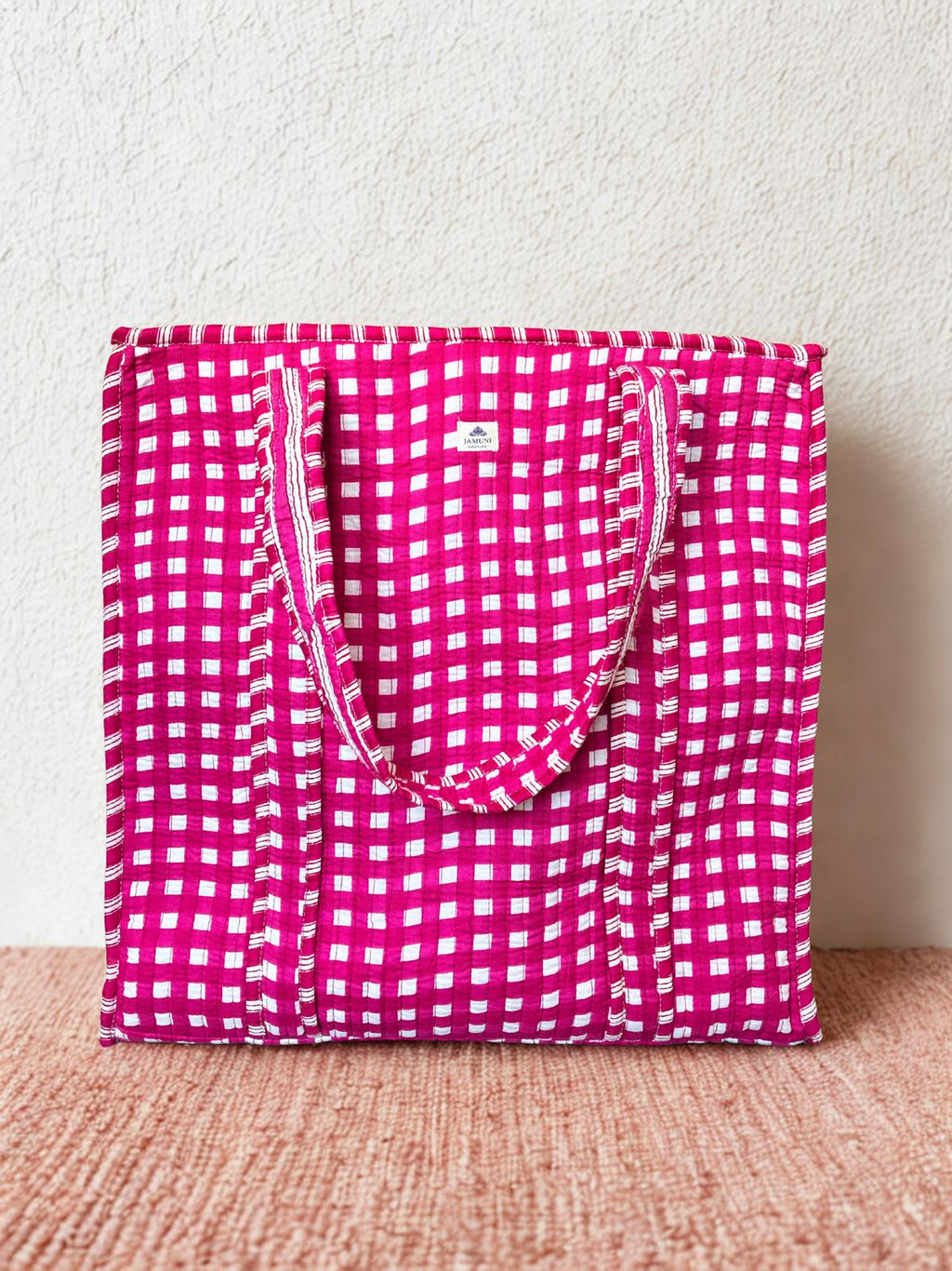 Pink Checkered Quilted Cotton Tote Bag