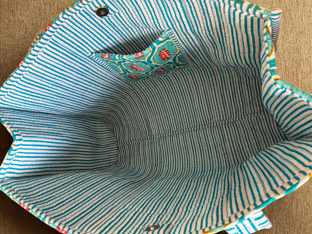 Aqua Bloom Quilted Cotton Tote Bag