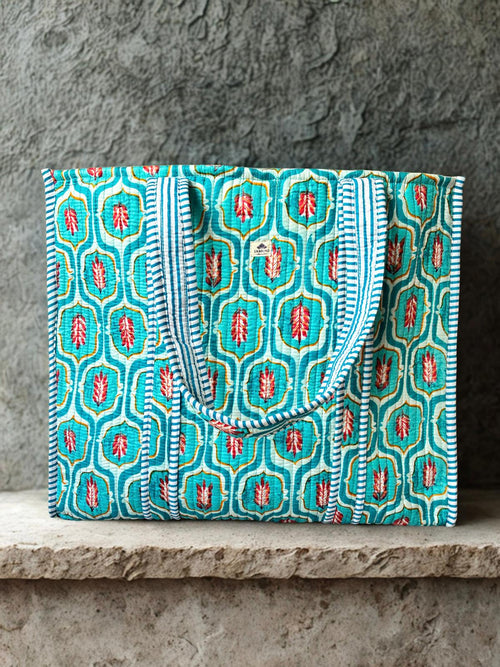 Aqua Bloom Quilted Cotton Tote Bag
