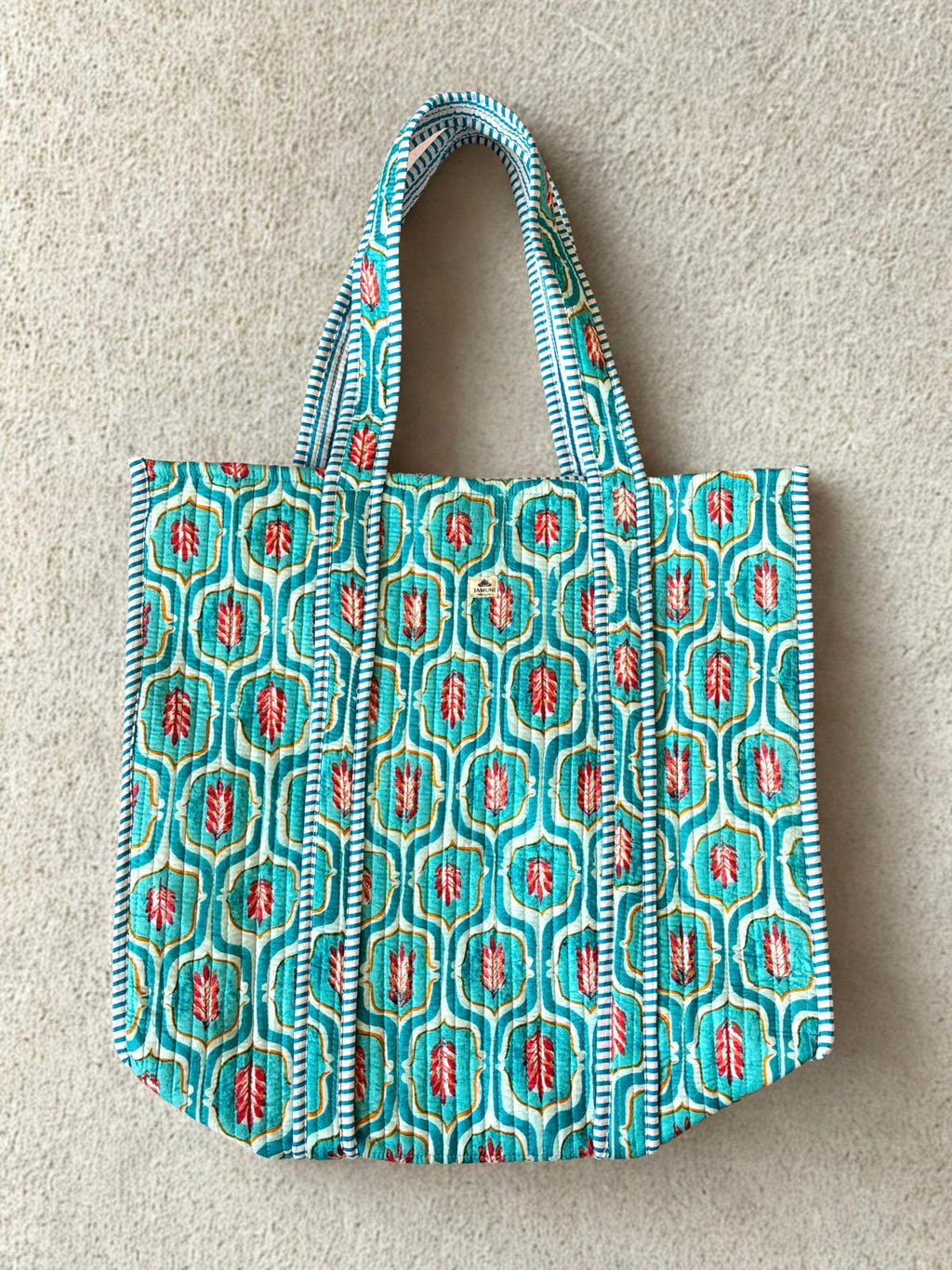 Aqua Bloom Quilted Cotton Tote Bag