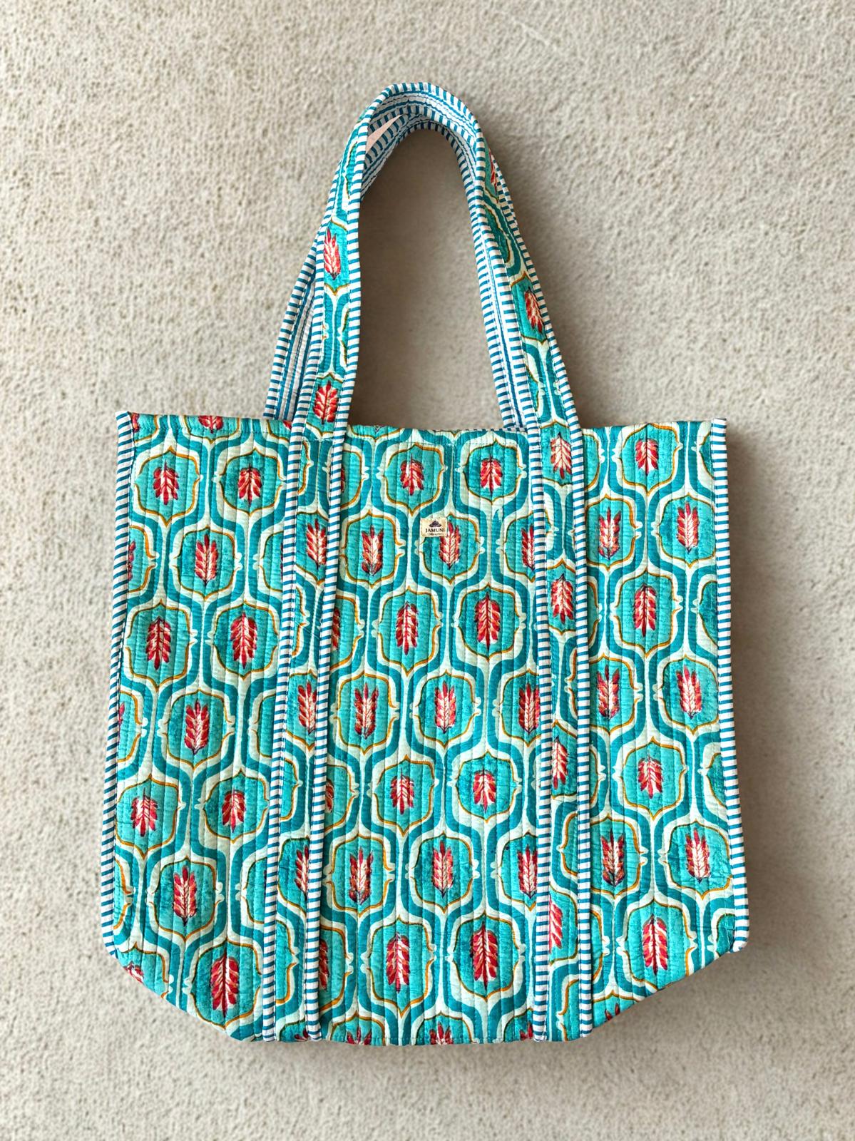 Aqua Bloom Quilted Cotton Tote Bag