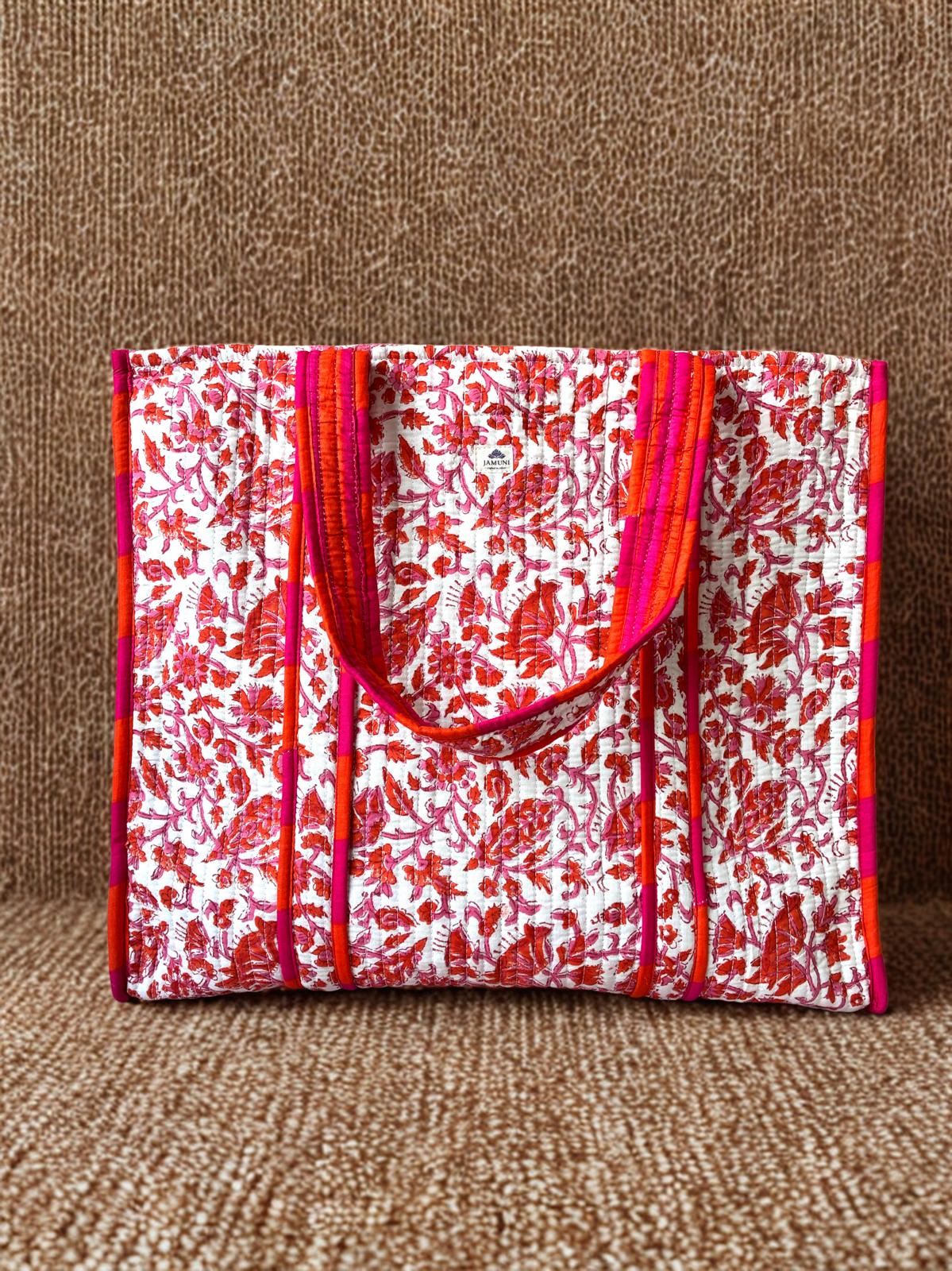 Crimson Bloom Quilted Cotton Tote Bag