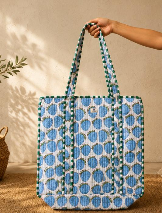 Blue Berry Quilted Cotton Zipper Tote Bag