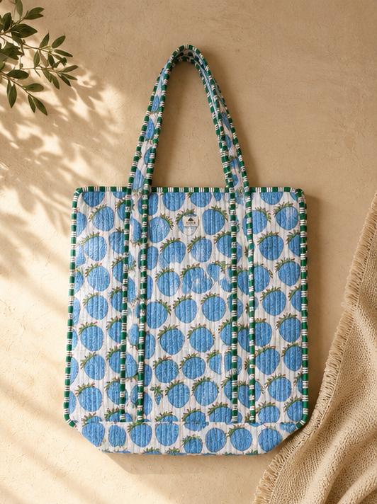 Blue Berry Quilted Cotton Zipper Tote Bag