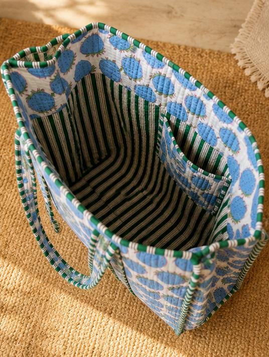Blue Berry Quilted Cotton Zipper Tote Bag