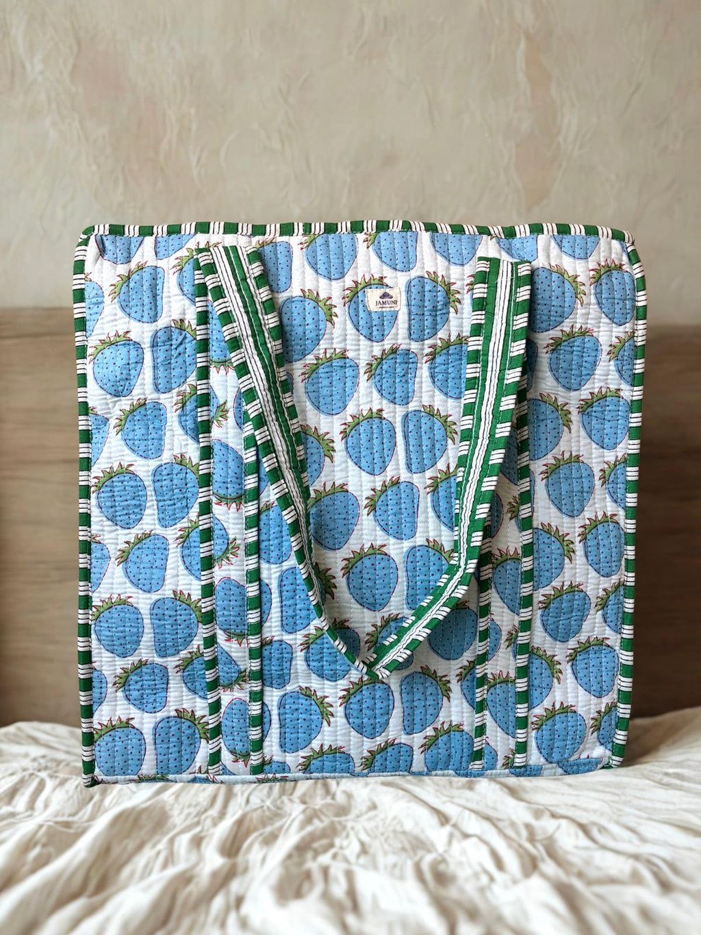 Blue Berry Quilted Cotton Zipper Tote Bag