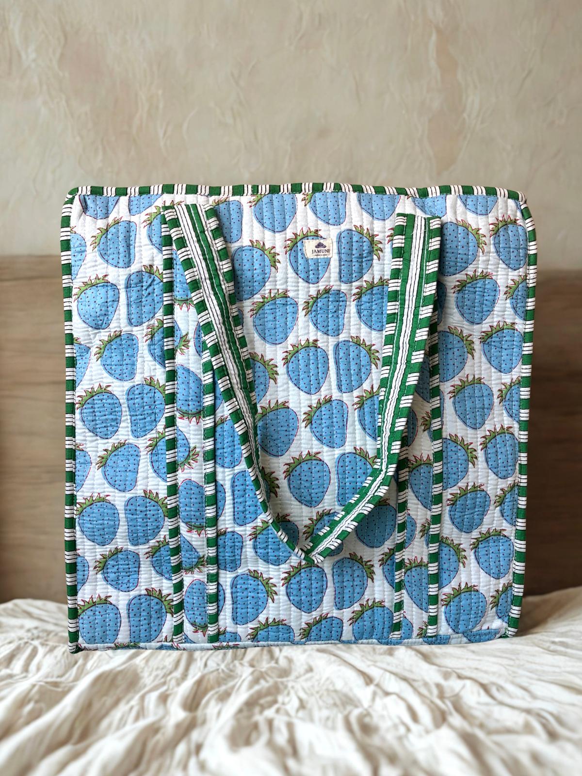 Blue Berry Quilted Cotton Zipper Tote Bag
