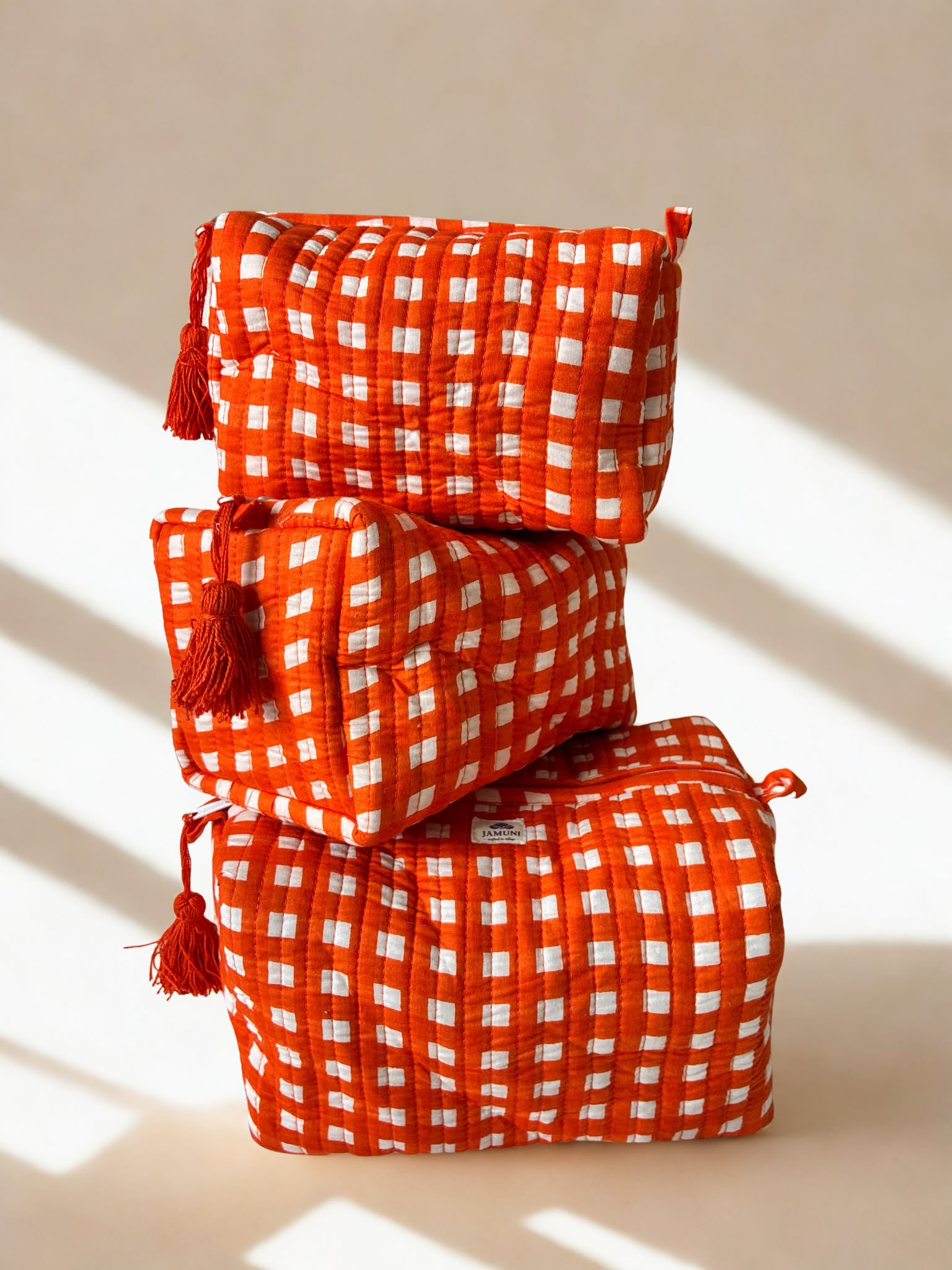 Orange Quilted Cotton Pouch Set (Set of 3)
