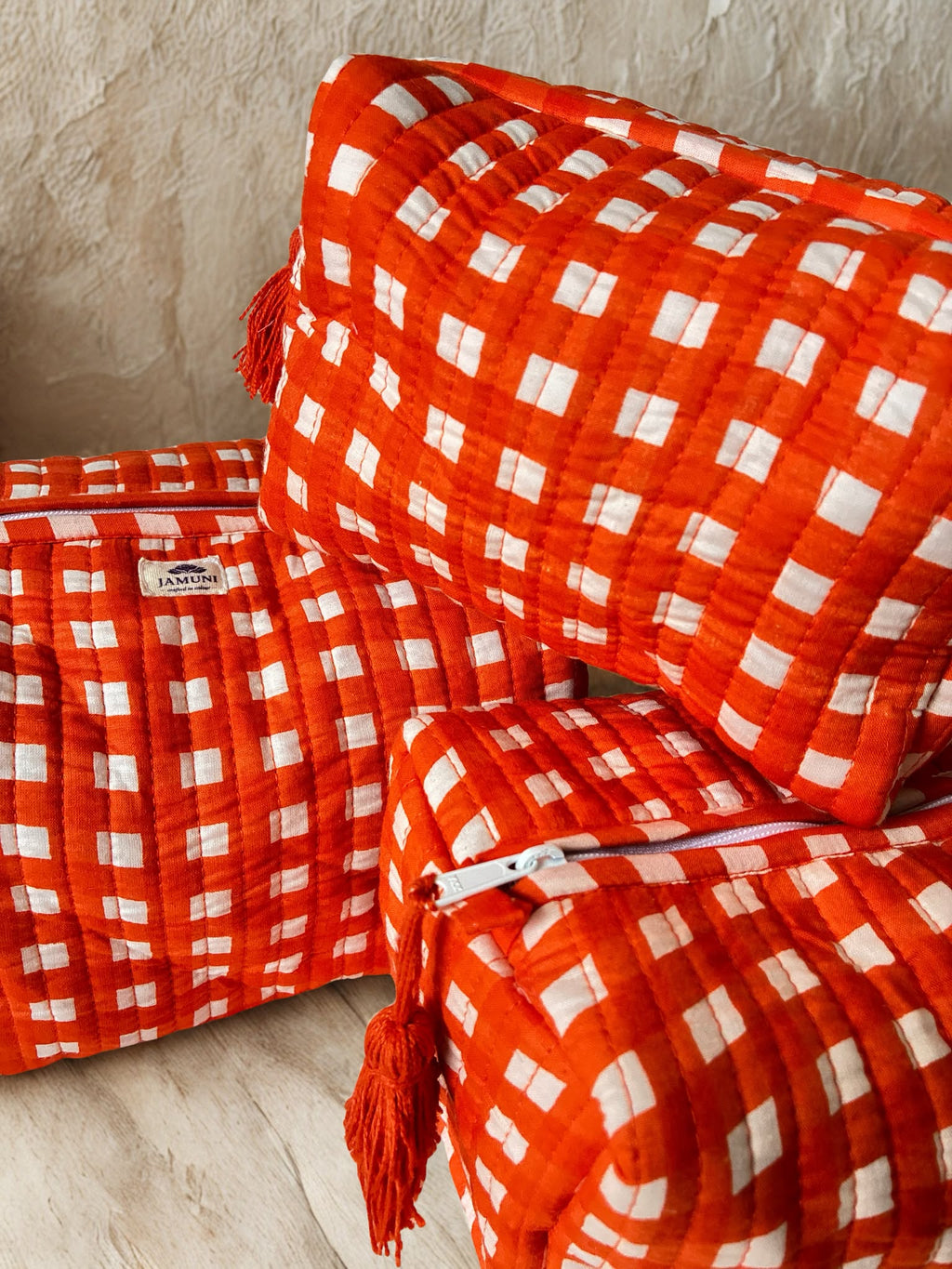 Orange Quilted Cotton Pouch Set (Set of 3)