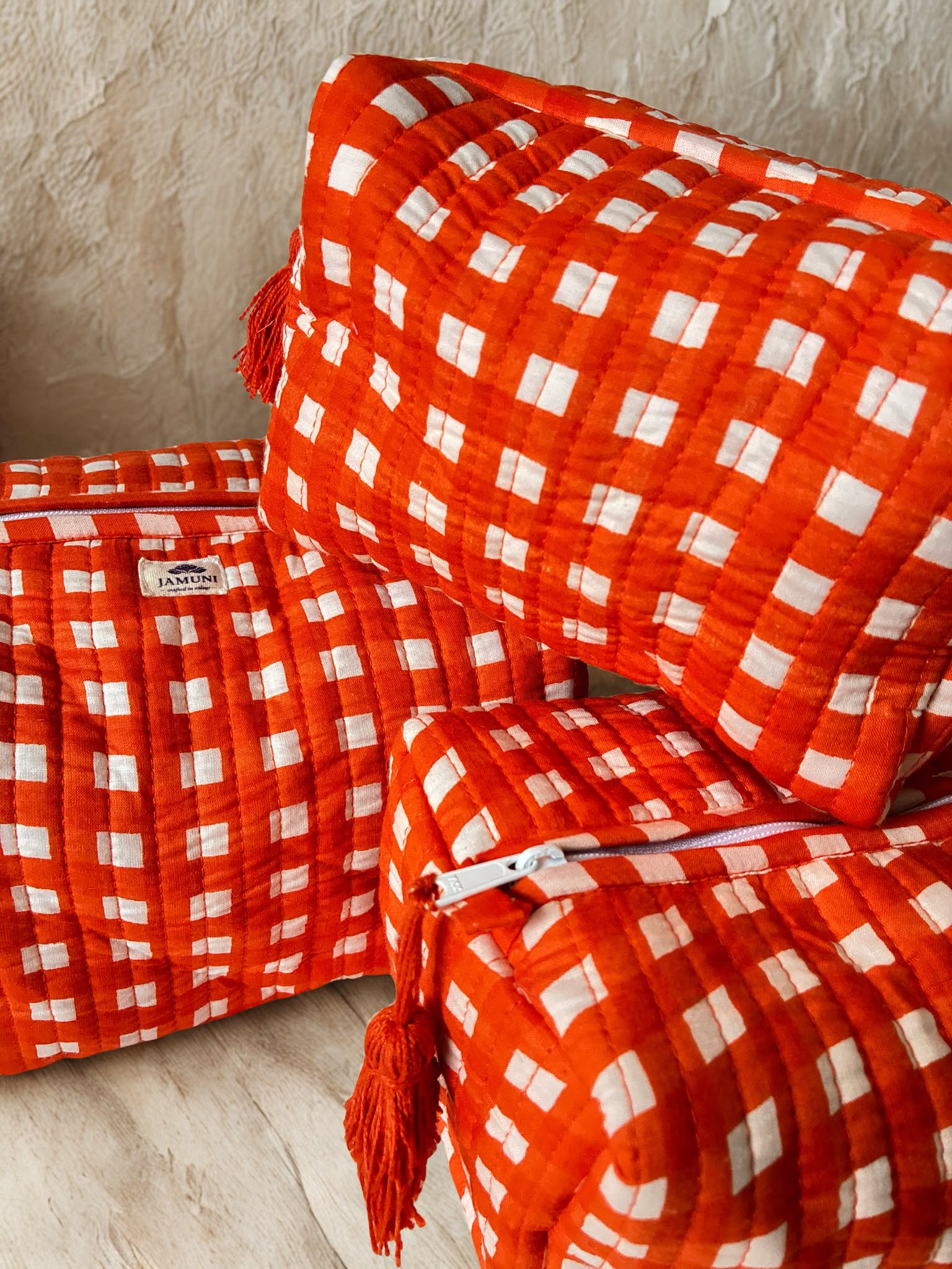 Orange Quilted Cotton Pouch Set (Set of 3)