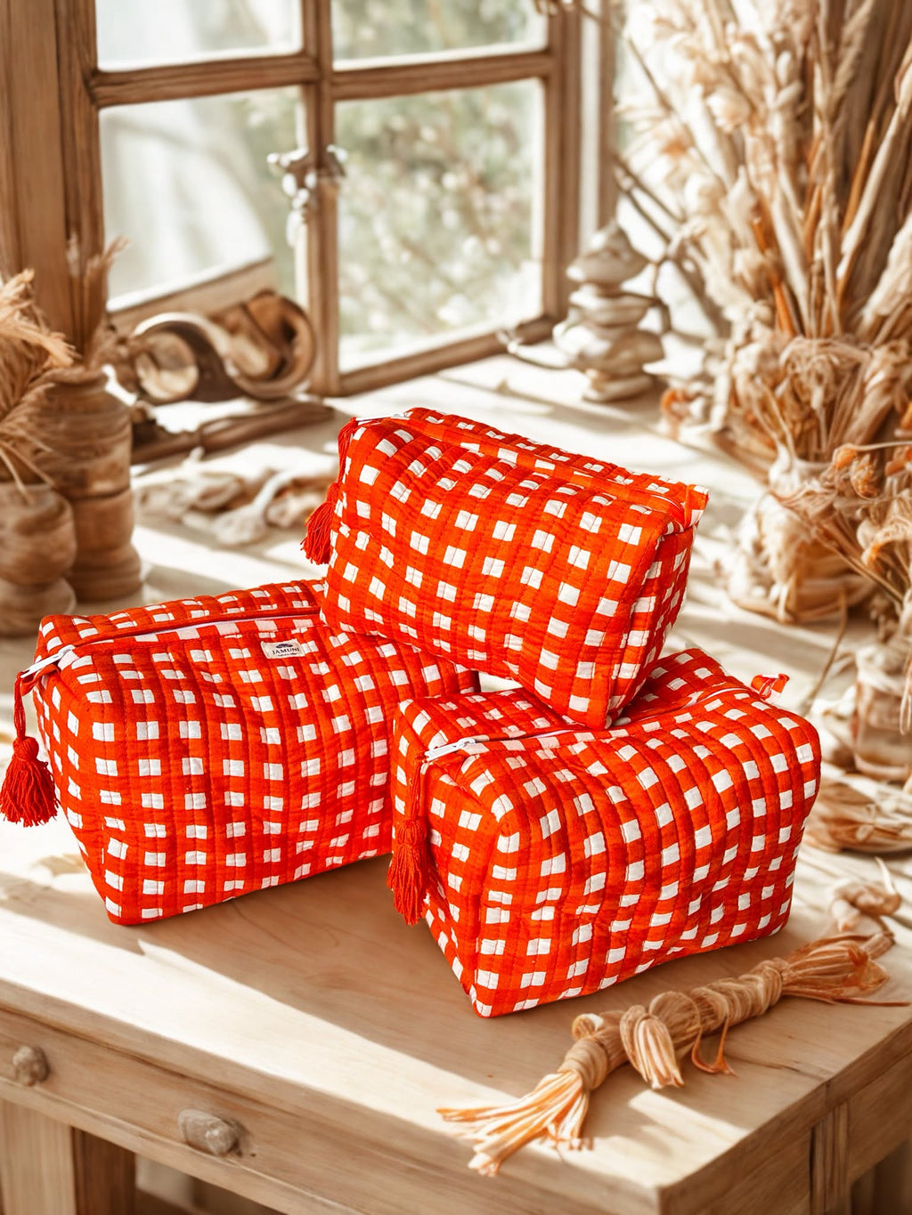 Orange Quilted Cotton Pouch Set (Set of 3)