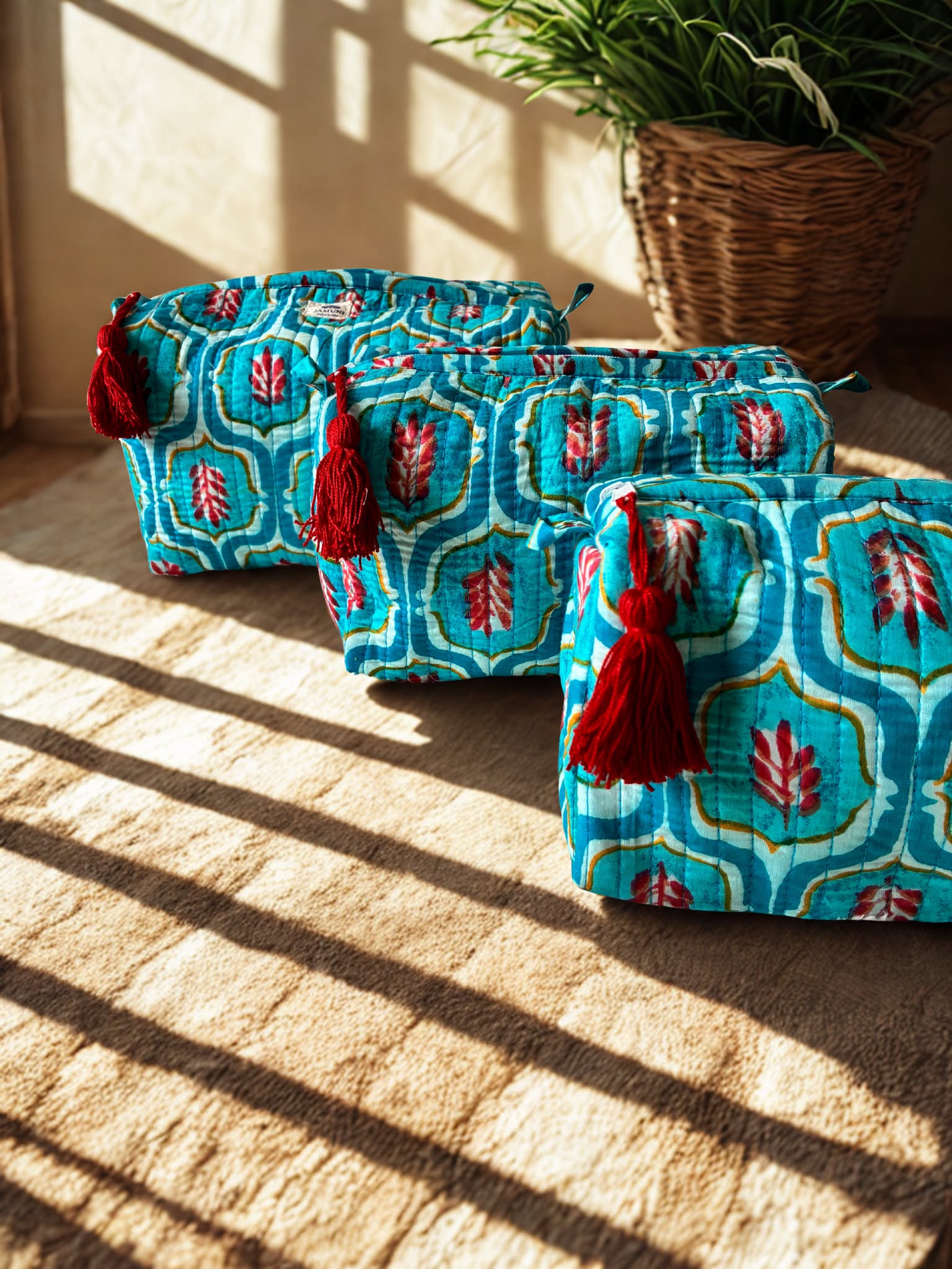 Aqua Bloom Quilted Cotton Pouch Set (Set of 3)