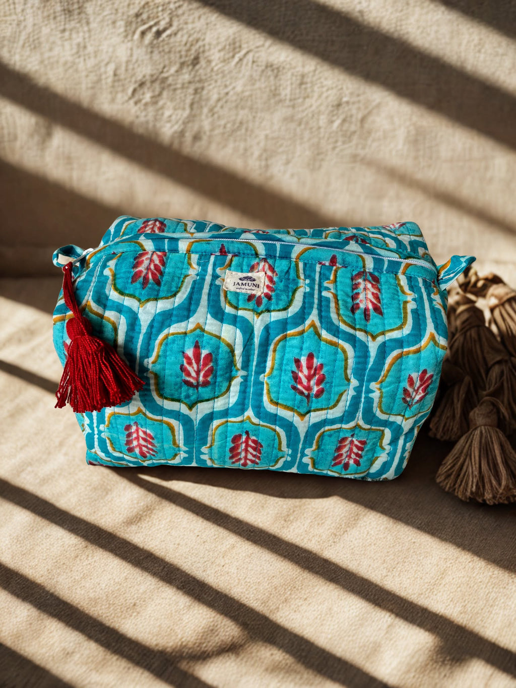 Aqua Bloom Quilted Cotton Pouch Set (Set of 3)